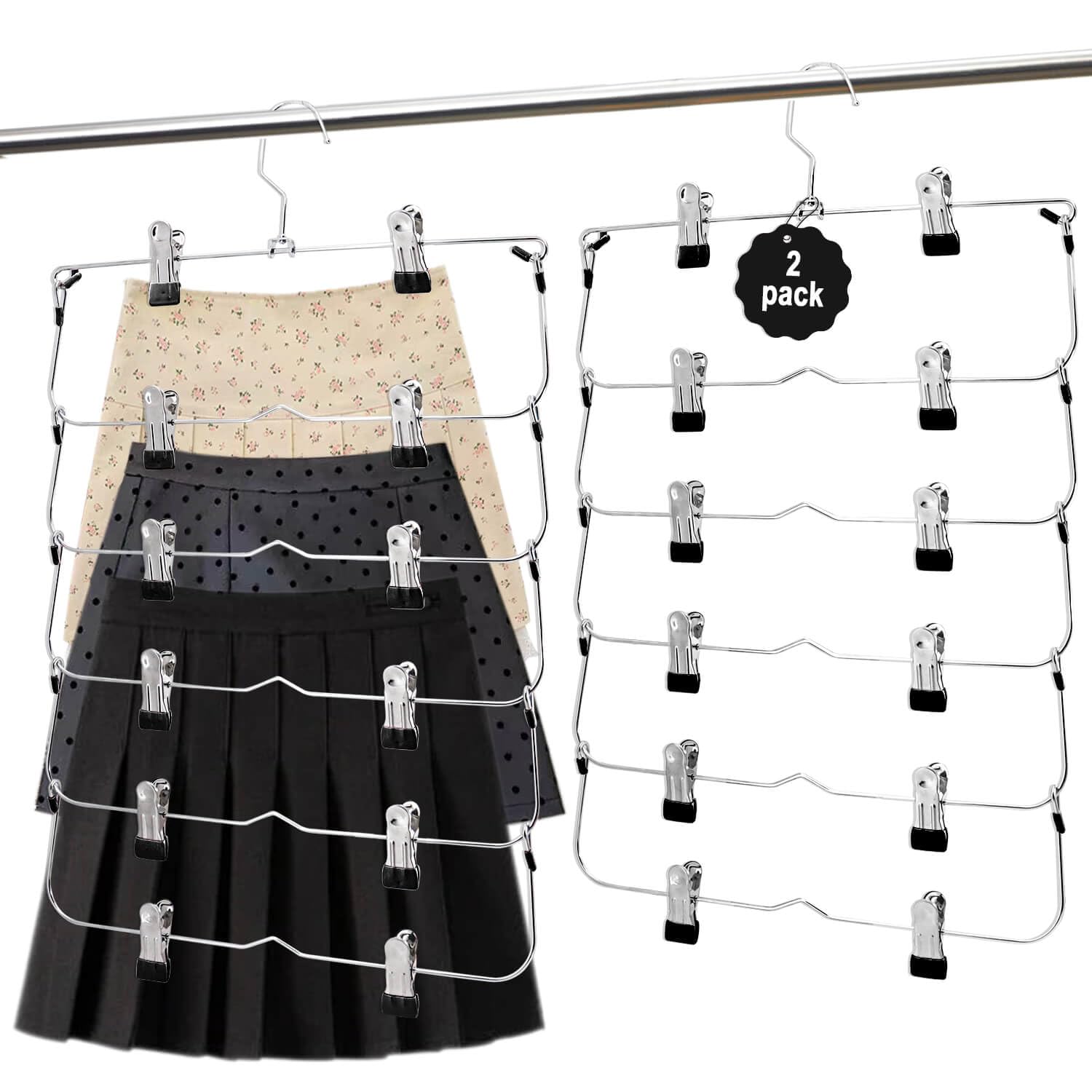 6-Tier Metal Skirt Pants Hangers with Non-Slip Clips - Space Saving Closet Organizer for Skirts, Shorts & Clothes (2 Pack, Black) - Perfect for Wardrobe Organization & Small Closet Storage