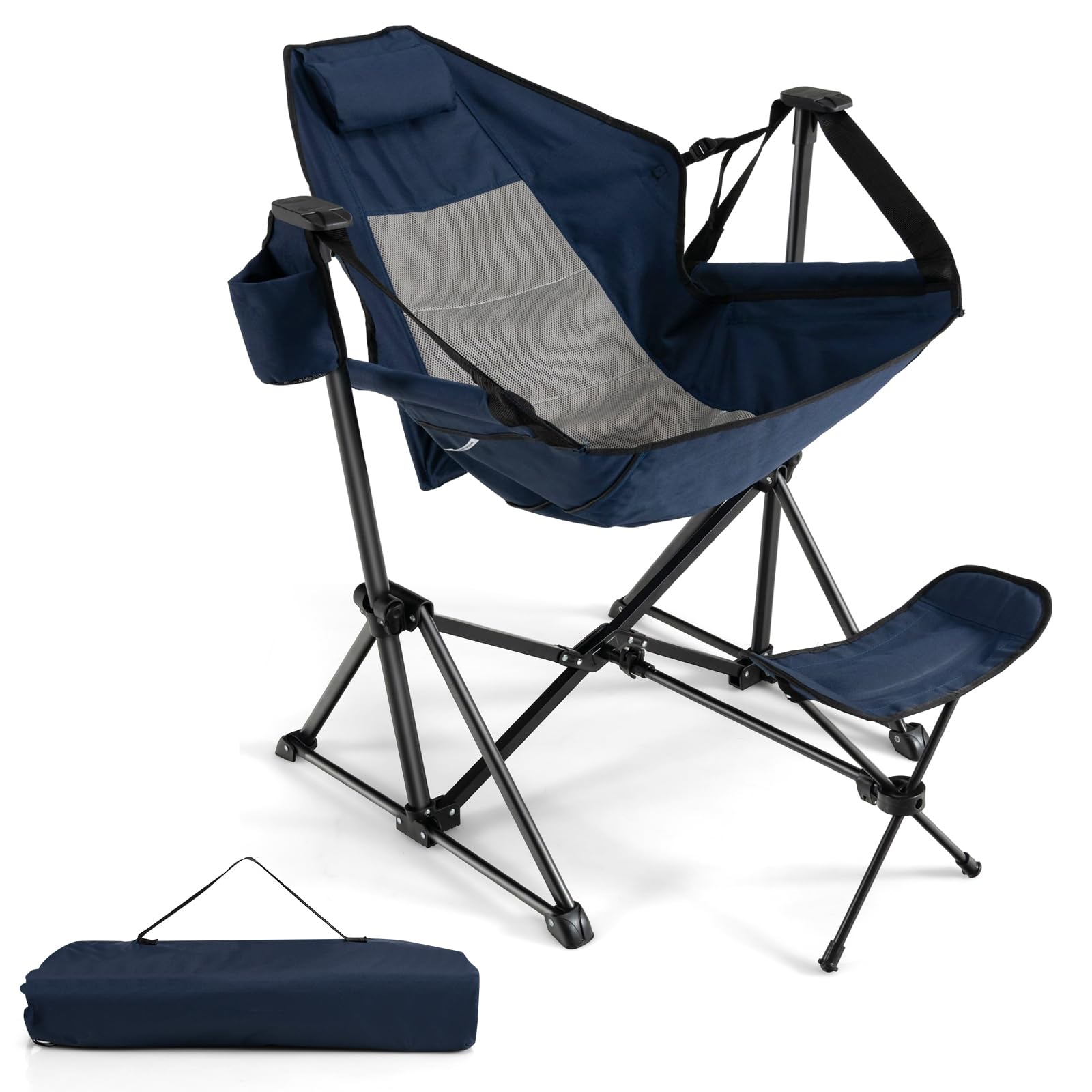 GYMAX Portable Folding Camping Chair with Detachable Footrest & Adjustable Backrest - Lightweight Hammock Rocking Chair for Outdoor, Beach, Lawn, Fishing - Includes Pillow, Cup Holder & Carrying Bag (Navy Blue)