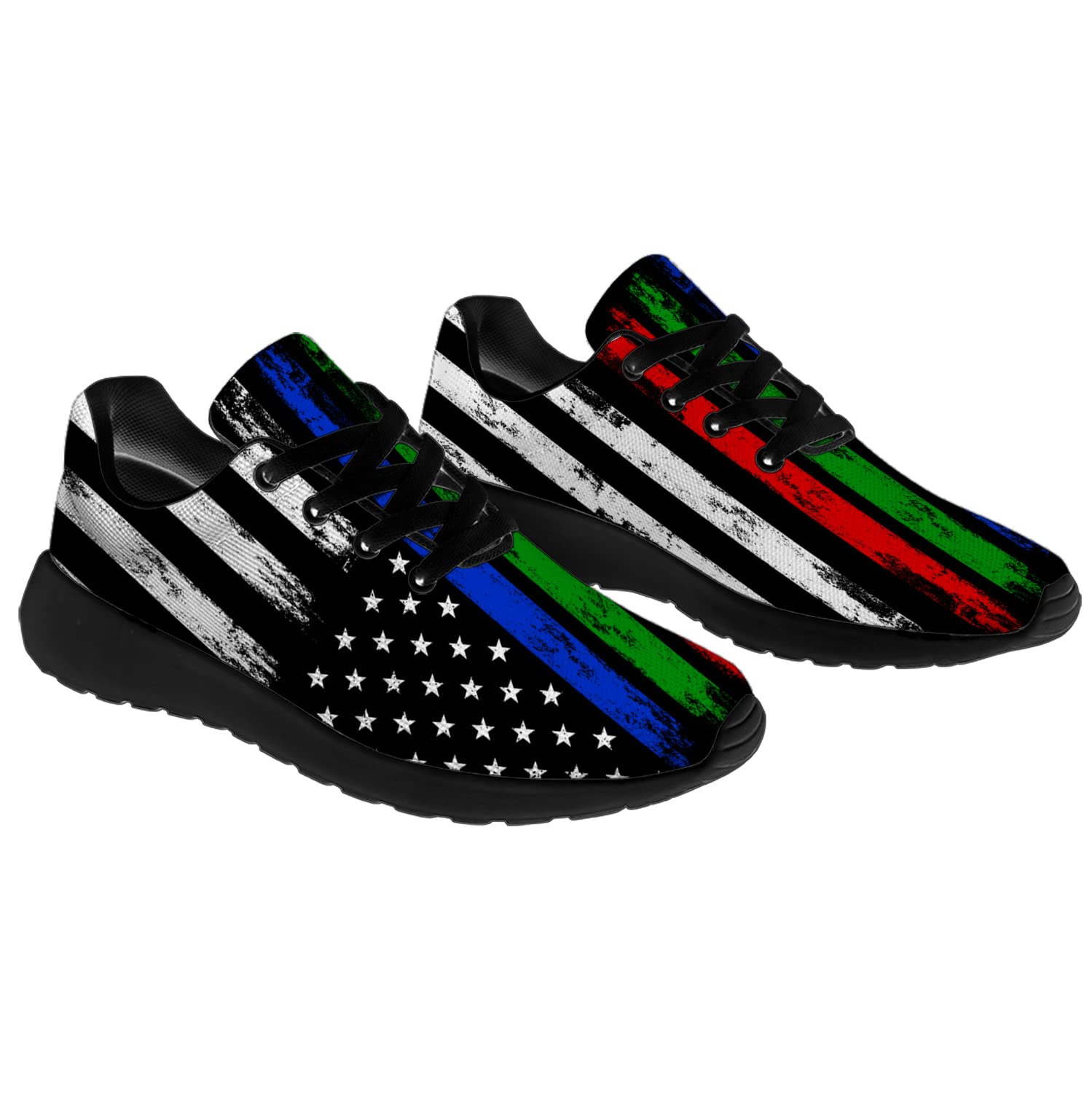 Men's & Women's Thin Blue Line Green Line Red Line Running Shoes - Patriotic American Flag Sneakers for Walking, Tennis, Jogging - Comfortable Athletic Shoes for Men Size 12 / Women Size 15 in Black - Perfect for Police Supporters, Firefighters, Military Appreciation & Patriotic Gifts