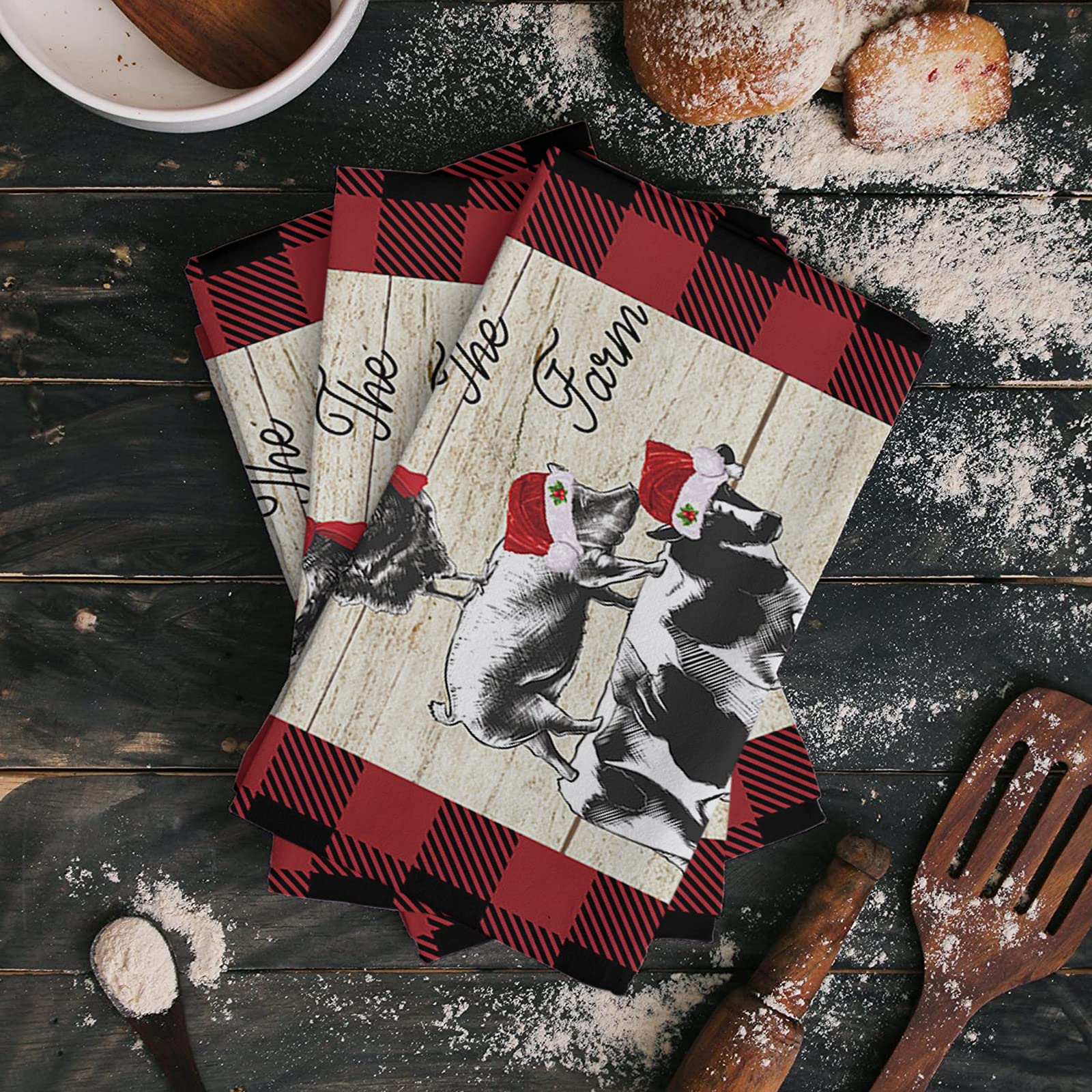 Super Absorbent Microfiber Kitchen Dish Towels 1 Pack - Soft Christmas Farm Animal Design with Red Plaid & Holiday Hats | Multipurpose Cleaning Cloths for Dishes, Hand Drying, Tea Towels in Kitchen, Bathroom & Bar Decor