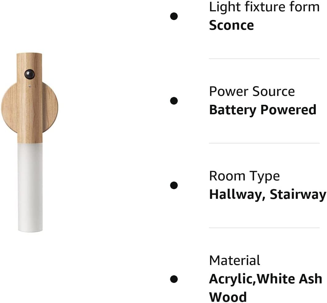Motion Sensor Night Light - Rechargeable LED Night Light with Magnet for Hallway, Stairway & Cabinet - Battery Powered Wooden Wall Sconce (White Ash Wood, 1PC) - Perfect for Bedrooms, Bathrooms & Closets