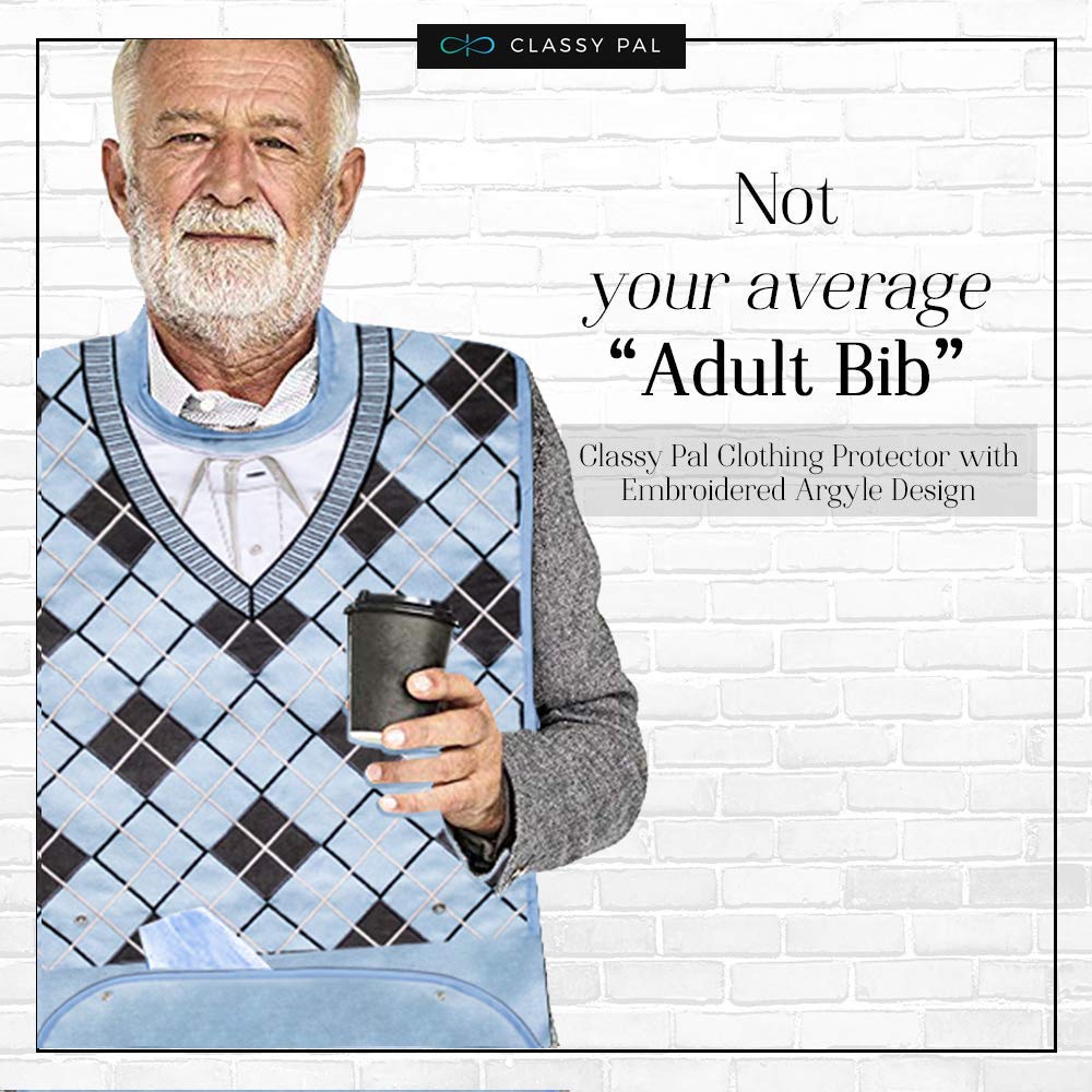 **Men's Waterproof Reusable Terry Cloth Adult Bibs - Senior Eating Clothing Protector with Embroidered Design, Crumb Catcher (Navy Blazer + Argyle Sweater) - Ideal for Dining, Elderly Care & Mealtime Mess Prevention**