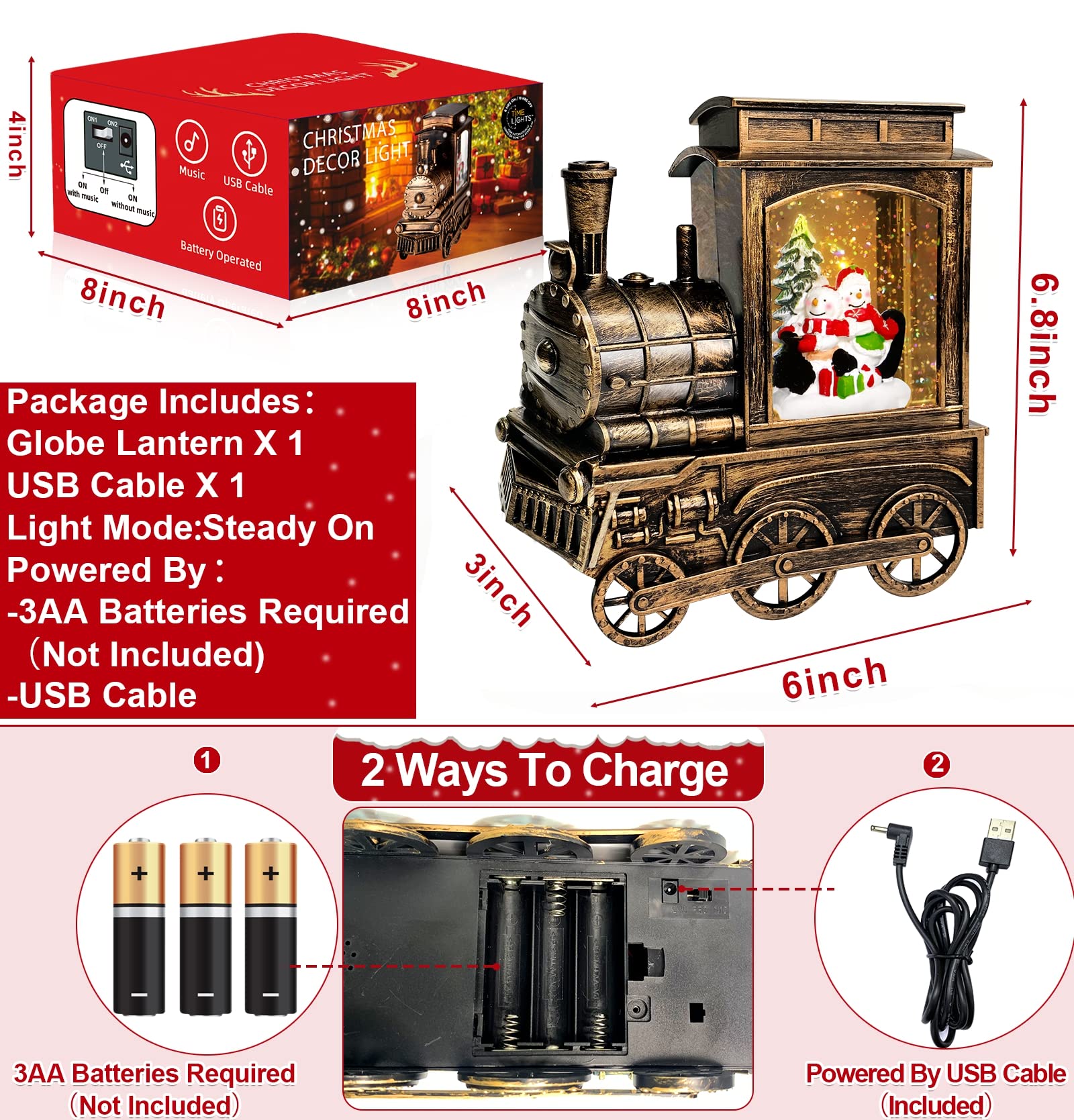 Christmas Snow Globe with Train, Music, Lights & Timer - 8 Holiday Songs, 2 Snowman Sledding Scene, Glittering Snow Globe Decor for Office & Home - Perfect Xmas Gift for Kids & Adults (Great for Mantel Decor, Holiday Parties & Festive Gift Exchanges)