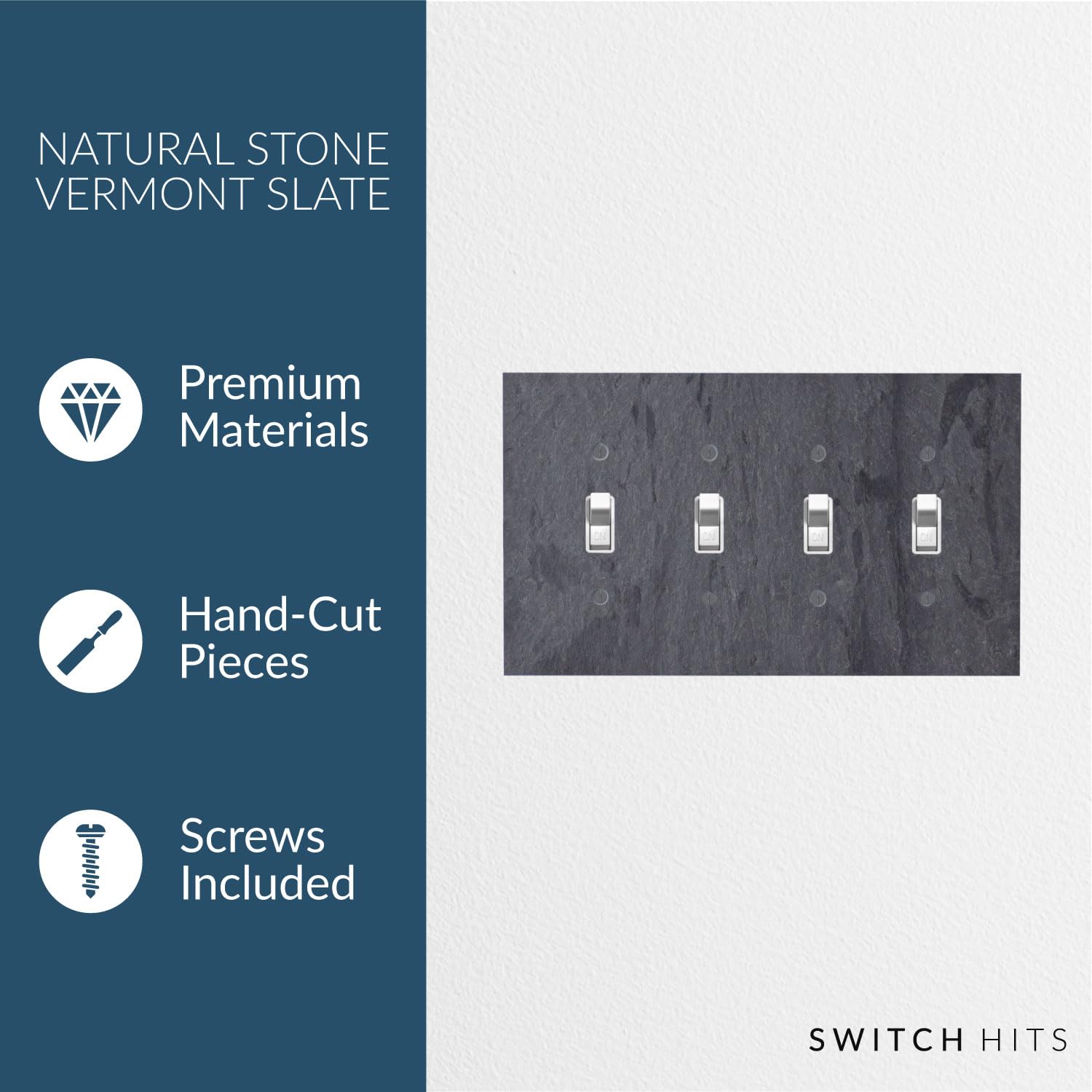 Decorative Vermont Slate Gray Electrical Switch Plate Cover - 4 Gang Toggle Outlet Wall Plate (8.5” W x 5” H) | Natural Earth Tone Light Switch Faceplate for Home & Office Decor