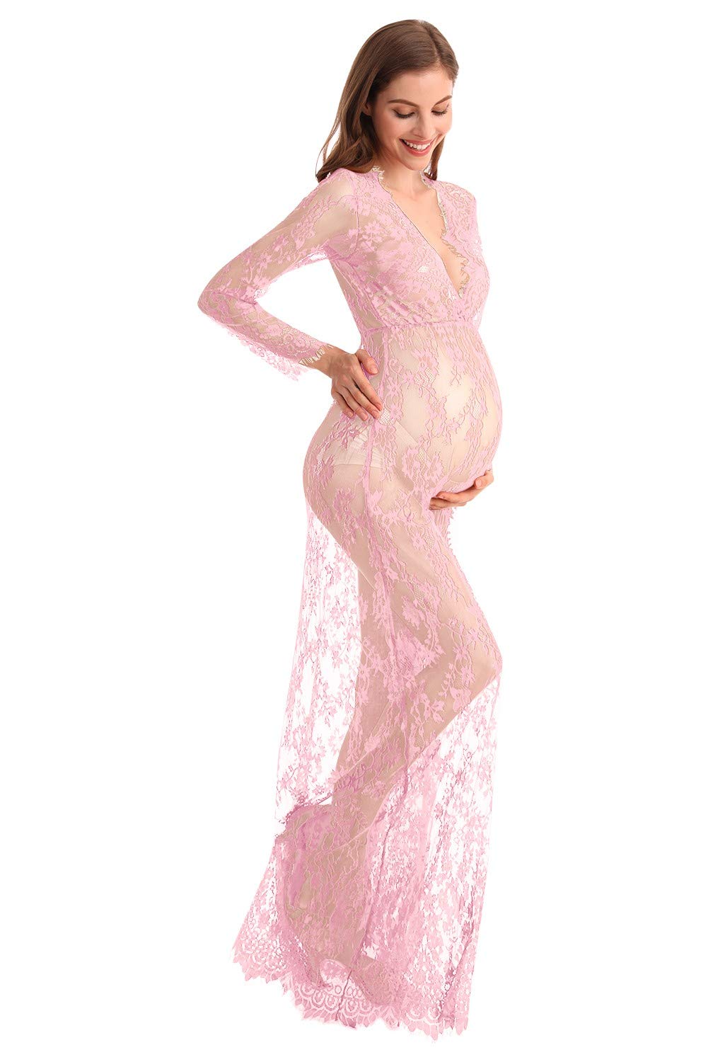 Sexy Lace Maternity Dress for Boudoir Photography - Long Sleeve Deep V-Neck Nursing Gown for Milk Bath & Pregnancy Photoshoot - Elegant Lingerie Robe for Women's Nightwear & Bridal Shower