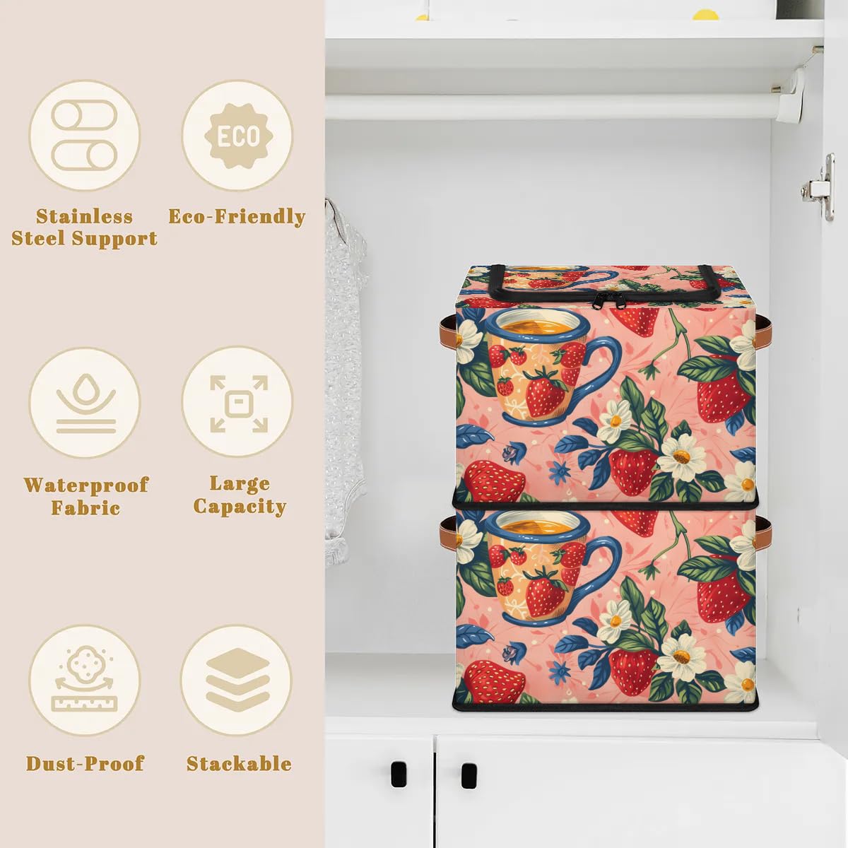 Strawberry Print Storage Bins with Zipper Lid - 2 Pack Stackable Closet Organizer Baskets, Metal Frame Storage Cubes with PU Handles - Perfect for Clothes, Toys, and Home Organization