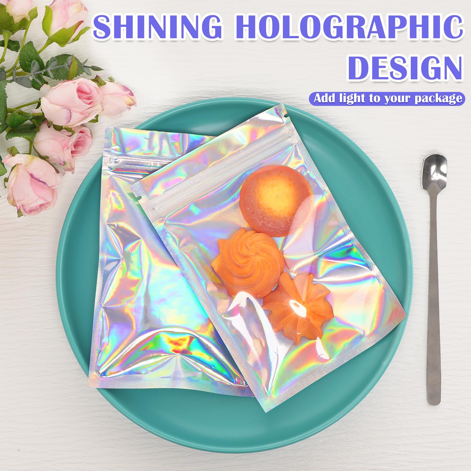 100 Pcs 4x6 Inch Mylar Bags with Clear Window - Holographic Smell Proof Resealable Packaging Bags for Small Business, Gifts, Snacks, Jewelry & Samples - Ideal for Valentine's Day, Party Favors & Retail Packaging