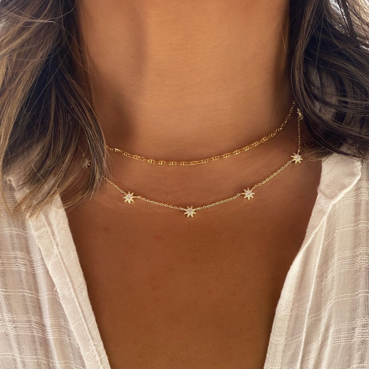 Celestial Starburst Marina Layered Duo Necklace - Elegant Two-Tone Pendant Jewelry for Women, Perfect for Parties, Date Nights & Special Occasions
