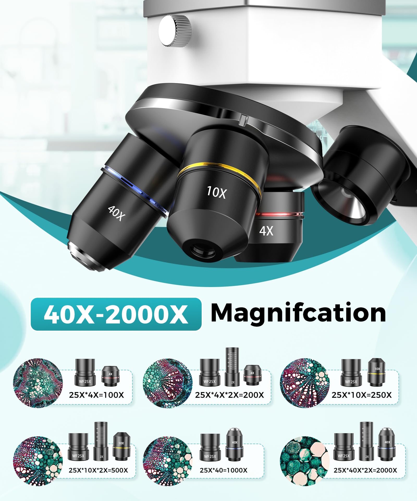 Professional Compound Microscope for Adults, Kids & Students - 2000X Magnification with Phone Adapter & Slides Set | Perfect for Home Lab, School Science Projects & STEM Learning (Gray White)