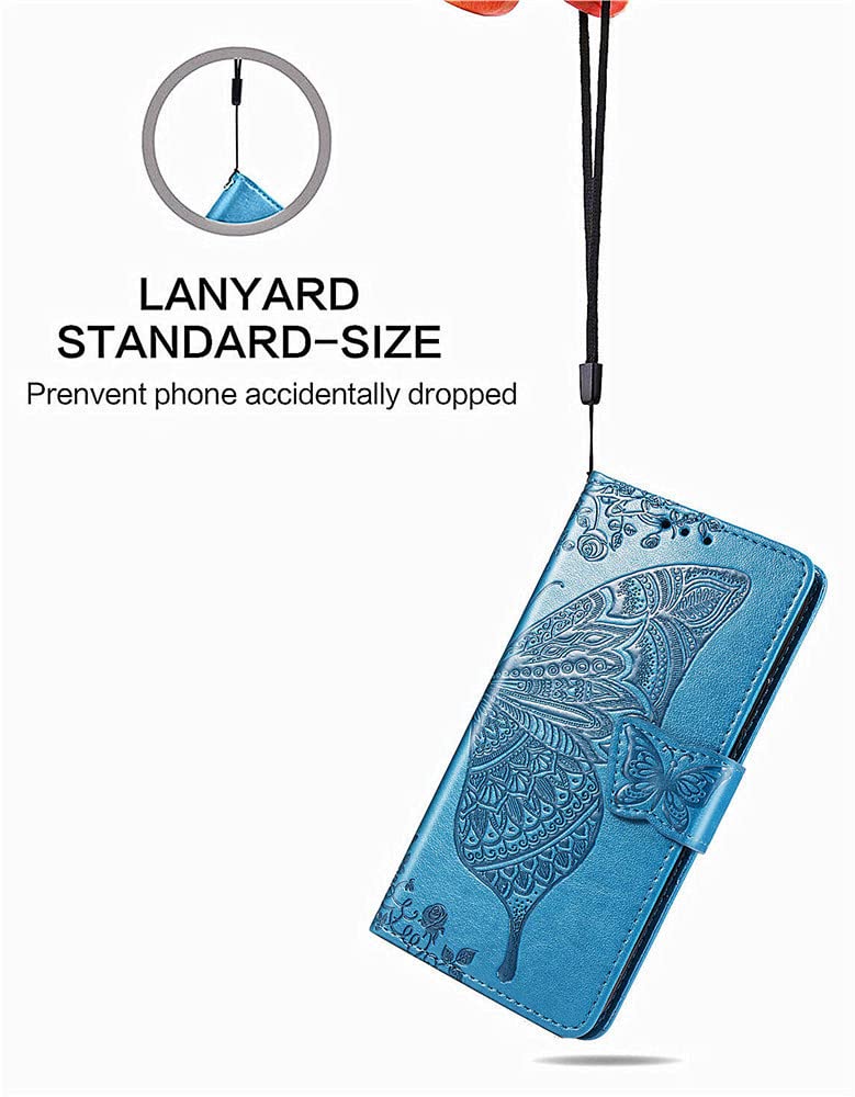 Premium PU Leather Samsung Galaxy S22 Case with Kickstand, Card Slots & Wrist Strap - Elegant Embossed Butterfly Flower Design for Samsung S22 (6.1 inch, A-Blue) | Perfect for Work, Travel & Everyday Protection