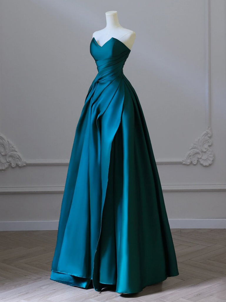 Elegant Strapless Satin A-Line Peacock Blue Prom Dress - Formal Evening Gown for Homecoming, Ball, Wedding & Special Occasions