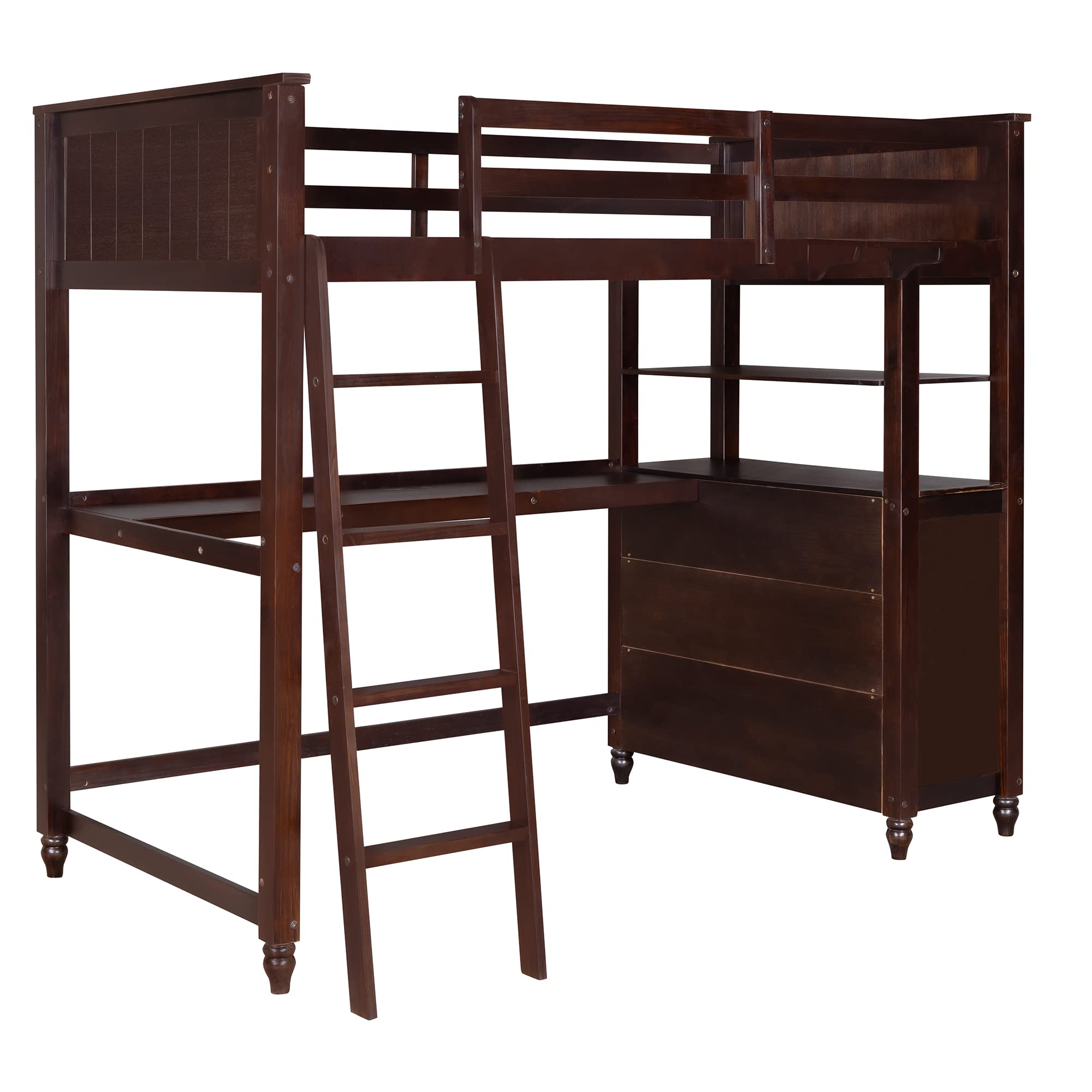 Harper & Bright Designs Twin Size Wooden Loft Bed with Desk, Dresser & Storage Drawers - Space-Saving Study & Sleep Solution for Kids, Teens & Adults - No Box Spring Needed - Espresso Finish - Perfect for Small Bedrooms, Dorm Rooms & Studio Apartments