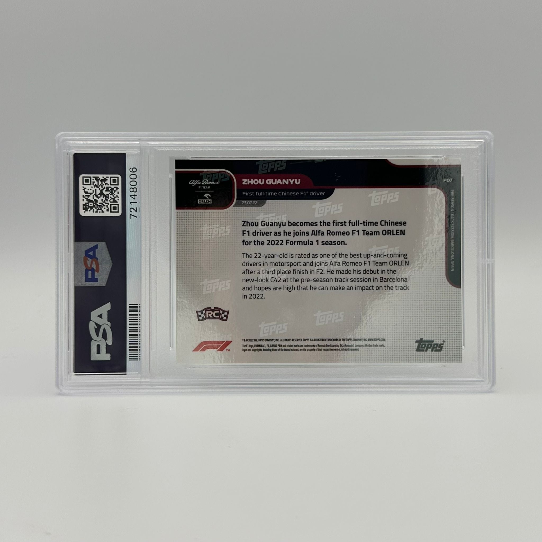 PSA 9 Graded 41/99 First Full-Time Chinese F1 Driver Zhou Guanyu #P07 - Rare Collectible for Motorsport Fans & F1 Memorabilia Enthusiasts