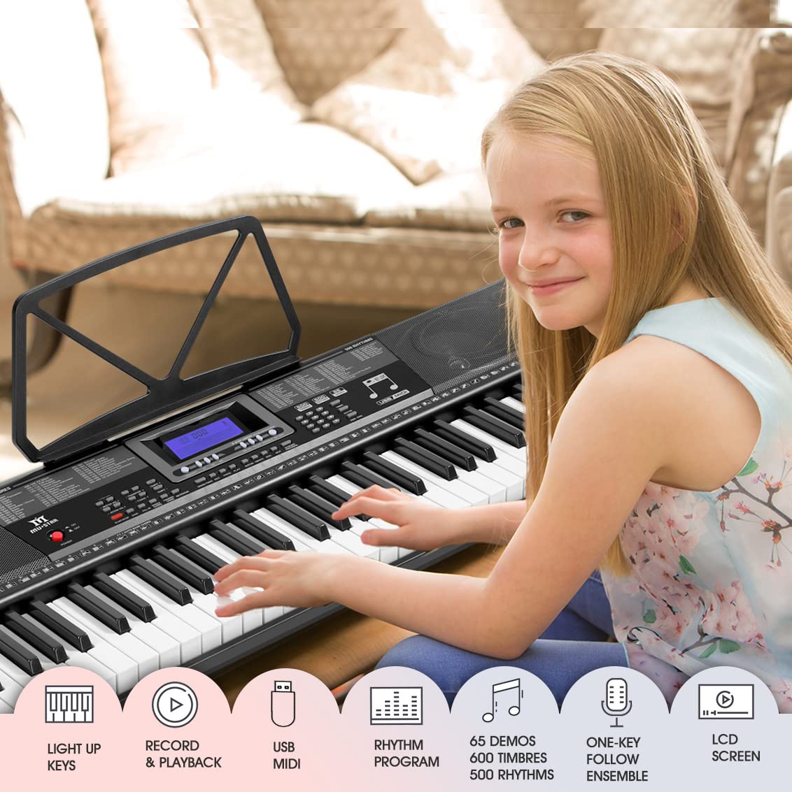 MUSTAR 61 Key Lighted Keyboard Piano - Portable Electric Piano with Stand, Sustain Pedal, Headphones & Microphone - Perfect for Beginners, Home Practice & Live Performances