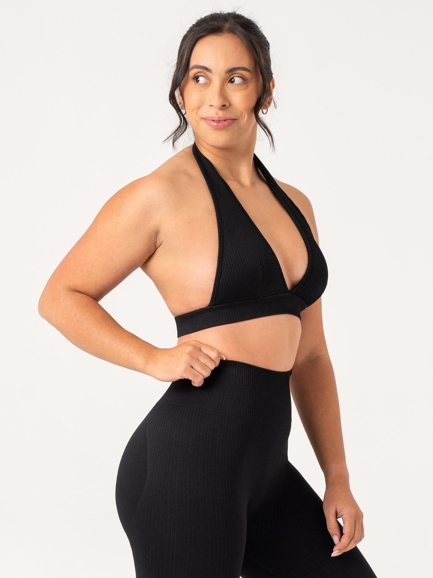 High Support Rib Seamless Halter Sports Bra for Women - Breathable Workout Top for Yoga, Running & Gym - Black