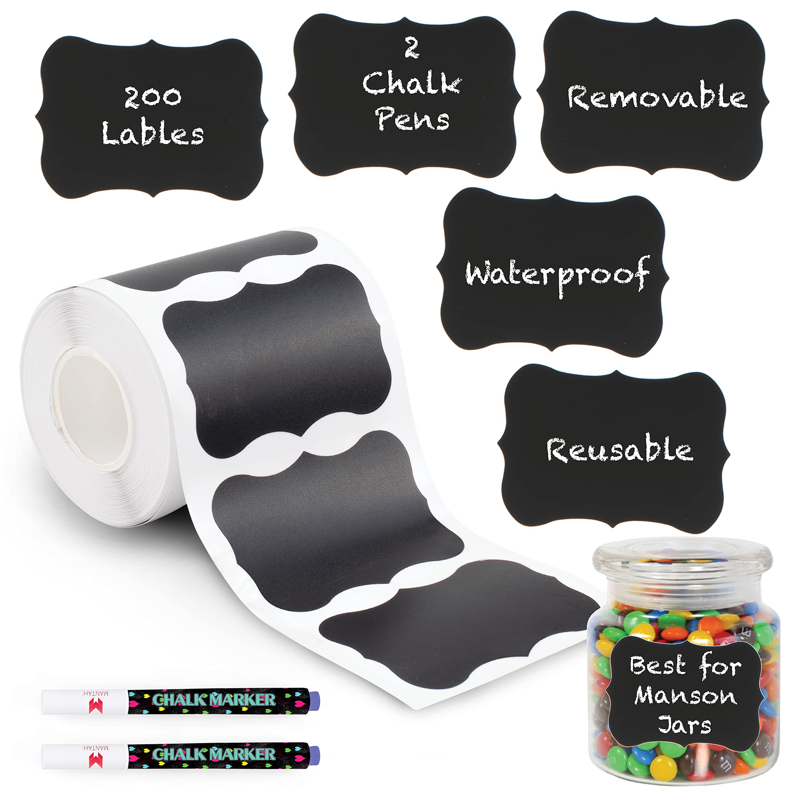Mantah Wavy Chalkboard Labels 200pcs with 2 White Chalk Markers - Reusable Waterproof Chalk Labels for Storage Bins, Food Containers, Jars & Organizing - Perfect for Pantry, Kitchen, Office & Classroom Organization