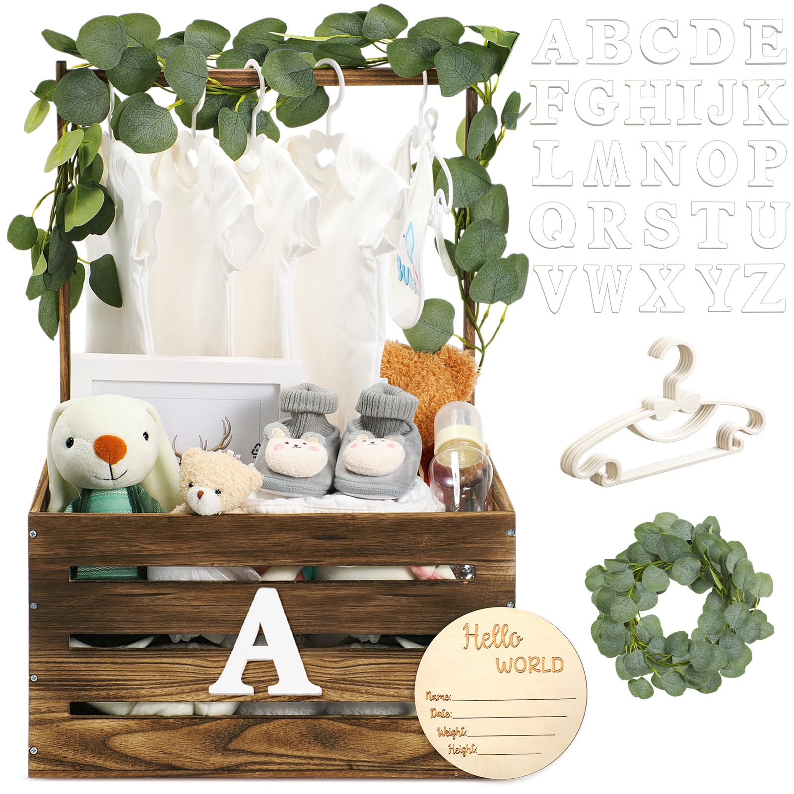 Barydat Wooden Baby Shower Crate - Handmade Nursery Storage Basket with Handle, Pregnancy Announcement Sign & Garland Hangers - Perfect for New Parent Gifts, Gender Reveal Parties & Nursery Decor (Brown)