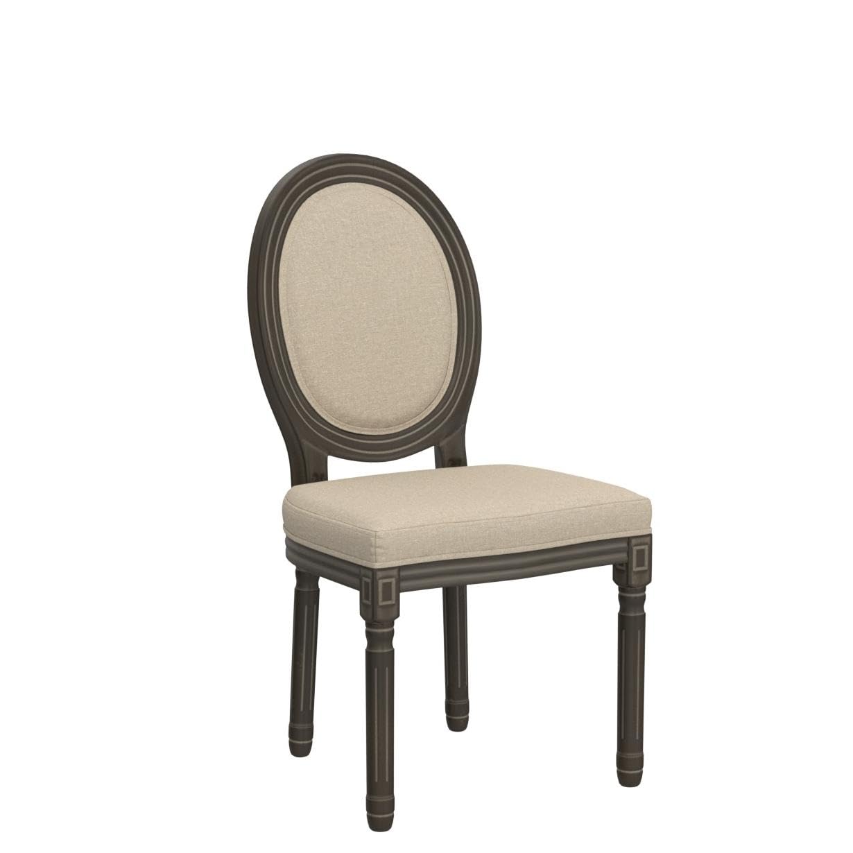 Kmax Farmhouse Dining Chairs Set of 2 - Brown Wooden Legs with Elegant Tufted Beige Fabric & Distressed Round Back - Perfect for Kitchen, Dining Room, Bedroom or French Country Decor