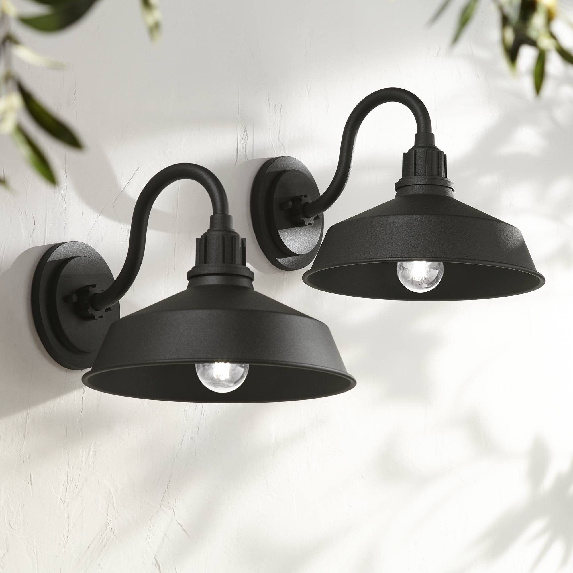 Franklin Iron Works Arnett Rustic Industrial Farmhouse Outdoor Barn Light Fixtures - Set of 2 Black Gooseneck Wall Sconces (10.5