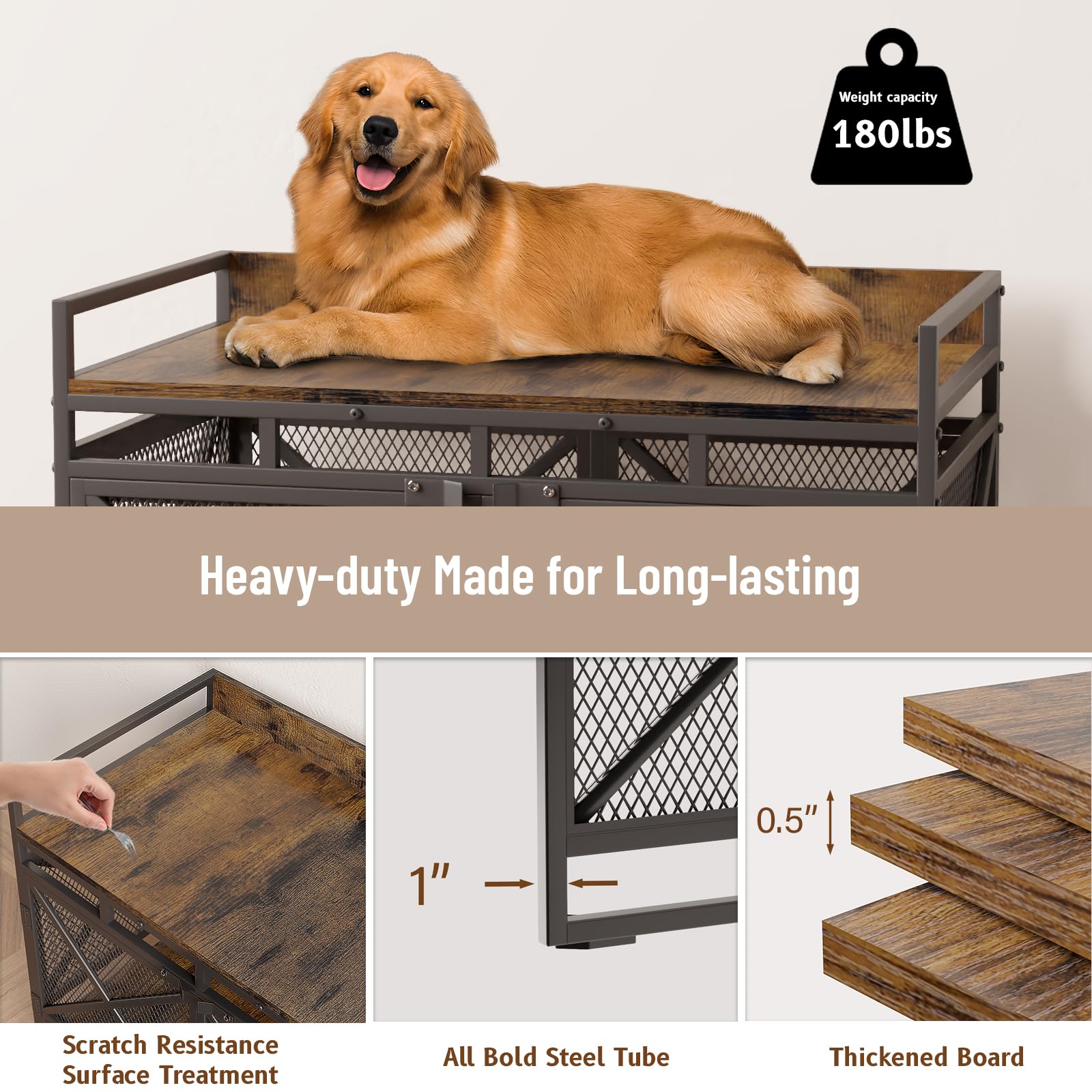48 Inch Large Wooden Dog Crate Furniture - Heavy Duty Indoor Kennel for XLarge Dogs with Adjustable Feet & 360° Wheels, Decorative Pet House End Table in Antique Brown | Perfect for Living Rooms, Bedrooms & Home Decor