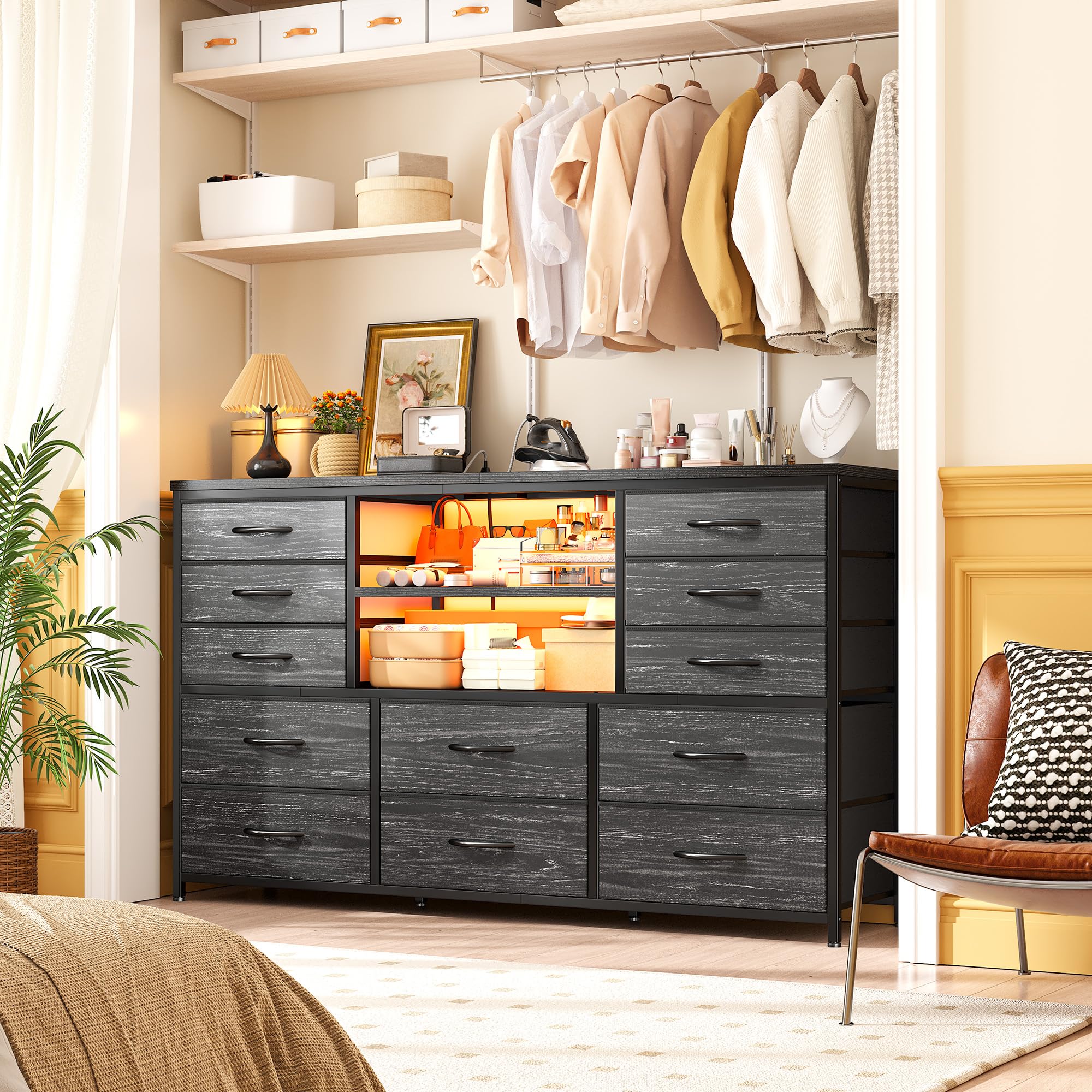 EnHomee 12-Drawer Black Dresser with LED Lights & Power Outlets - Sturdy Metal Frame TV Stand for 60'' TV, Fabric Dresser for Bedroom, Living Room, Hallway & Closet - Perfect for Home Organization & Entertainment Setup