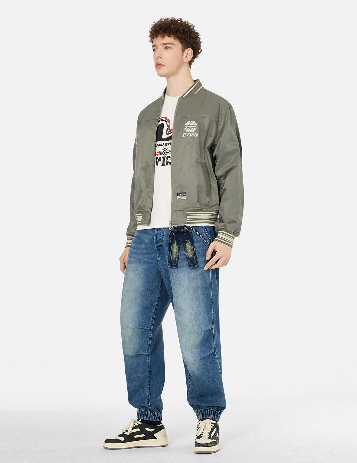 Men's Regular Fit Bomber Jacket with Denim Insert and Kamon Embroidery - Stylish Casual Outerwear for Streetwear & Urban Fashion