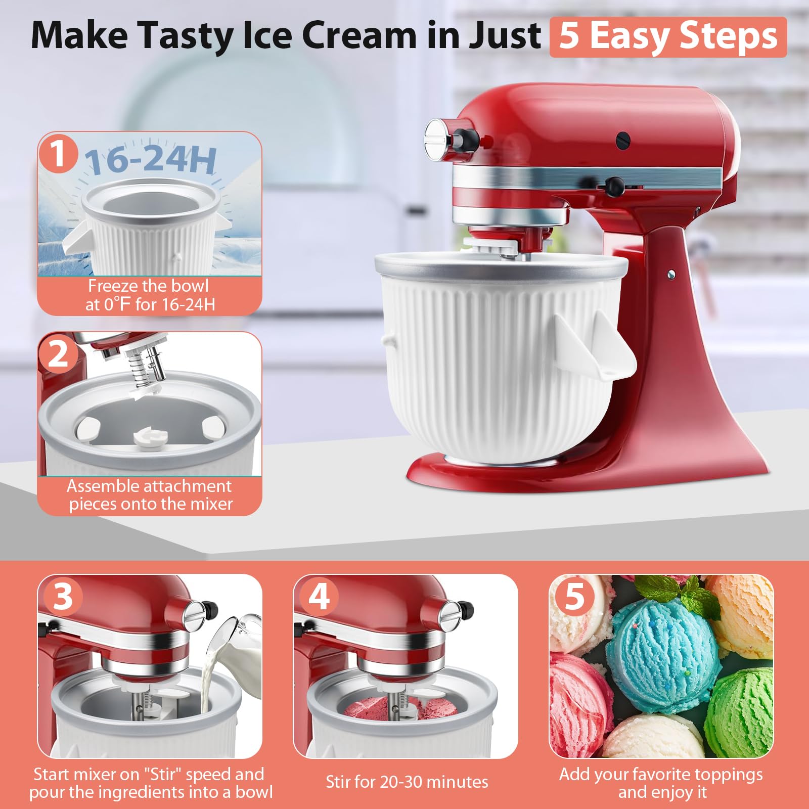 KitchenAid Ice Cream Maker Attachment - 2 Quart White Bowl for 4.5Qt+ Stand Mixers | Frozen Yogurt, Sorbet & Gelato Maker | Perfect for Summer Treats, Parties & Family Desserts