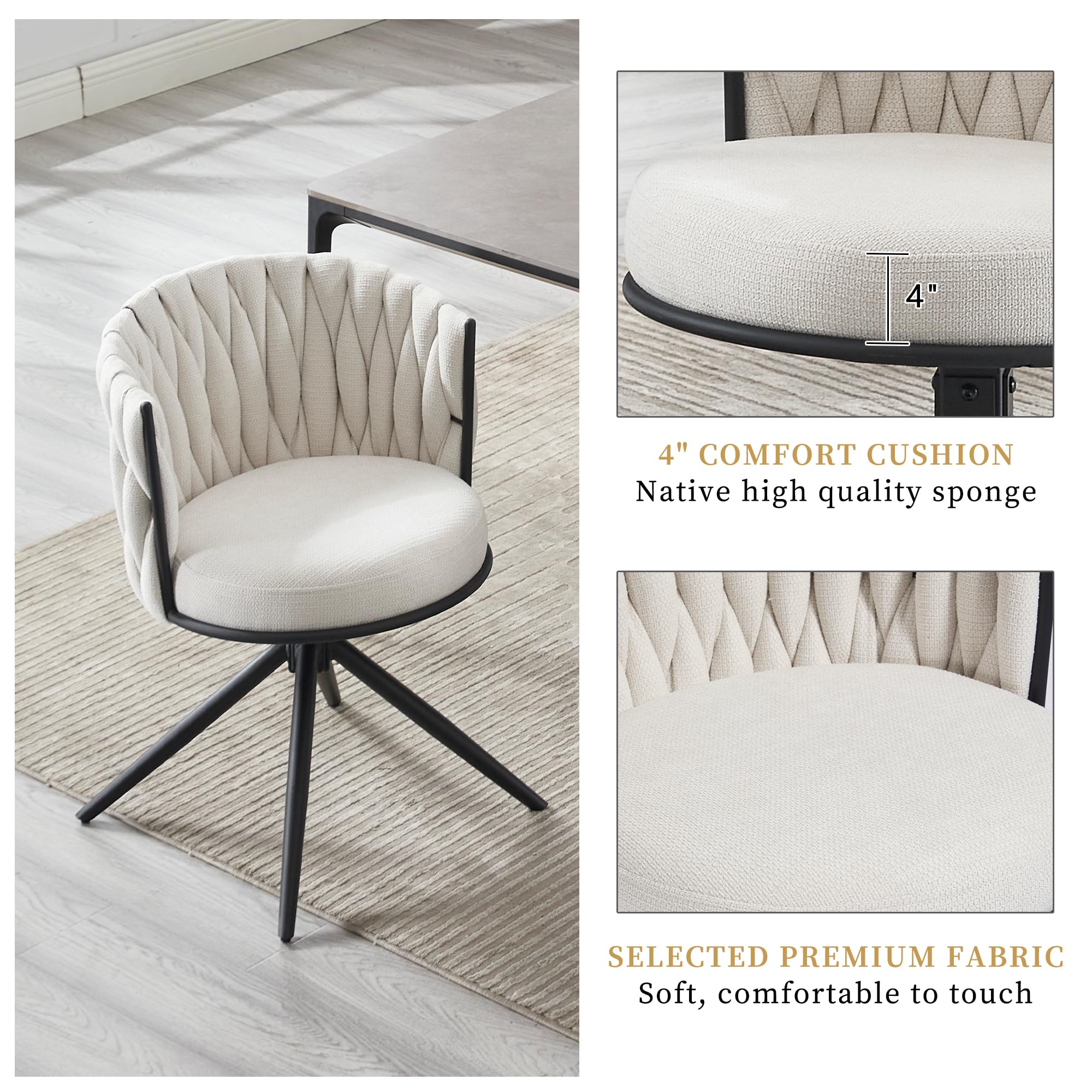 BFZ Dining Chairs Set of 2 - Modern Swivel Upholstered Fabric Chairs with Thick Cushions & Woven Back - Mid Century Style Kitchen & Dining Room Chairs - Perfect for Small Spaces, Breakfast Nooks & Contemporary Home Decor
