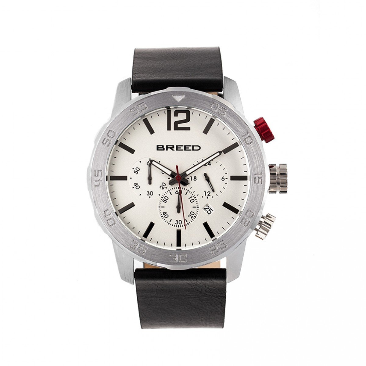 Men's Breed Manuel Chronograph Leather Strap Watch with Date Display - Silver Stainless Steel Case, Water Resistant - Perfect for Business, Casual & Formal Wear