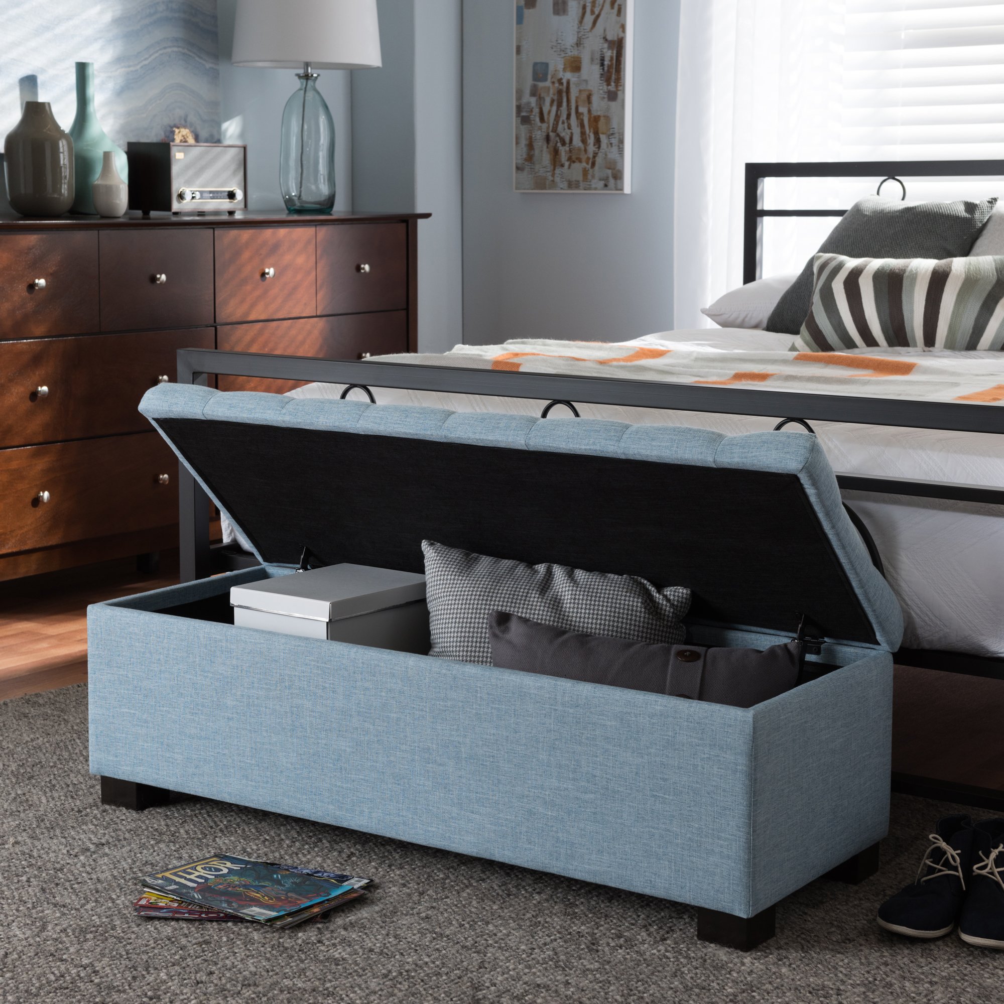 Baxton Studio Sherell Modern Classic Fabric Upholstered Button-Tufted Storage Ottoman Bench in Light Blue - Perfect for Living Room, Bedroom & Entryway Storage