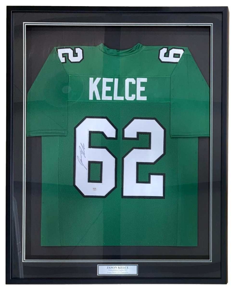 Jason Kelce Autographed Philadelphia Eagles Kelly Green Football Jersey - Framed with PSA ITP Holo Certification - Perfect for Eagles Fans, Sports Memorabilia Collectors & Man Cave Decor