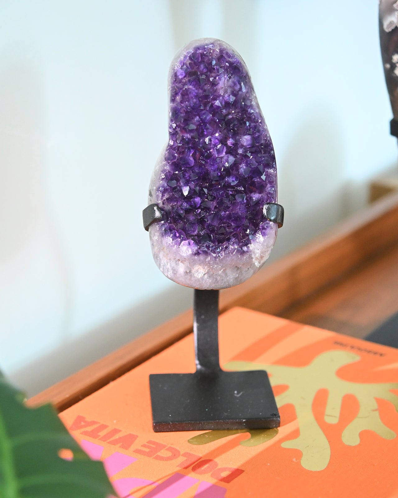 Natural Amethyst Crystal Geode on Wooden Stand - 3.5lbs Healing Stone for Home Decor, Meditation & Spiritual Gifts