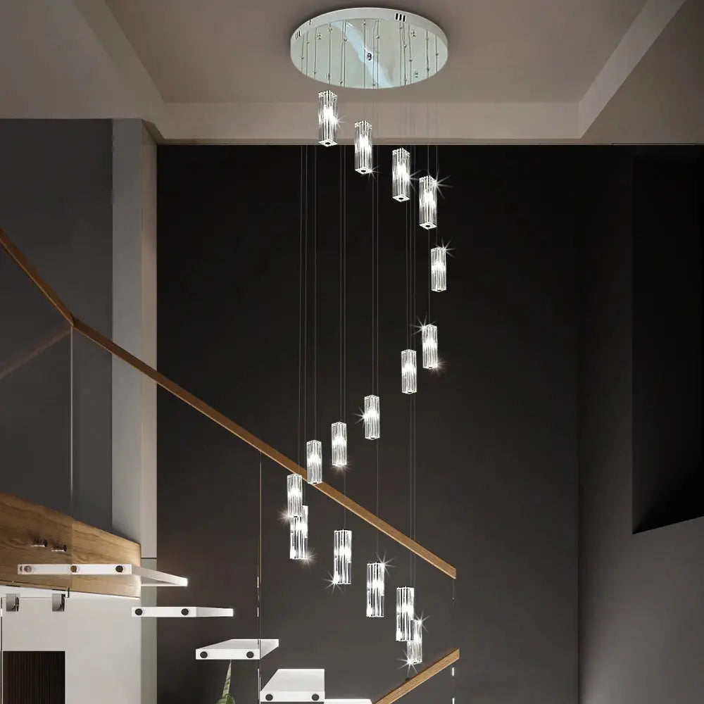 Modern Geometric Staircase Chandelier with Dimmable LED Lights - Elegant Crystal Pendant Lighting for Foyer, Living Room & Stairwell Decor