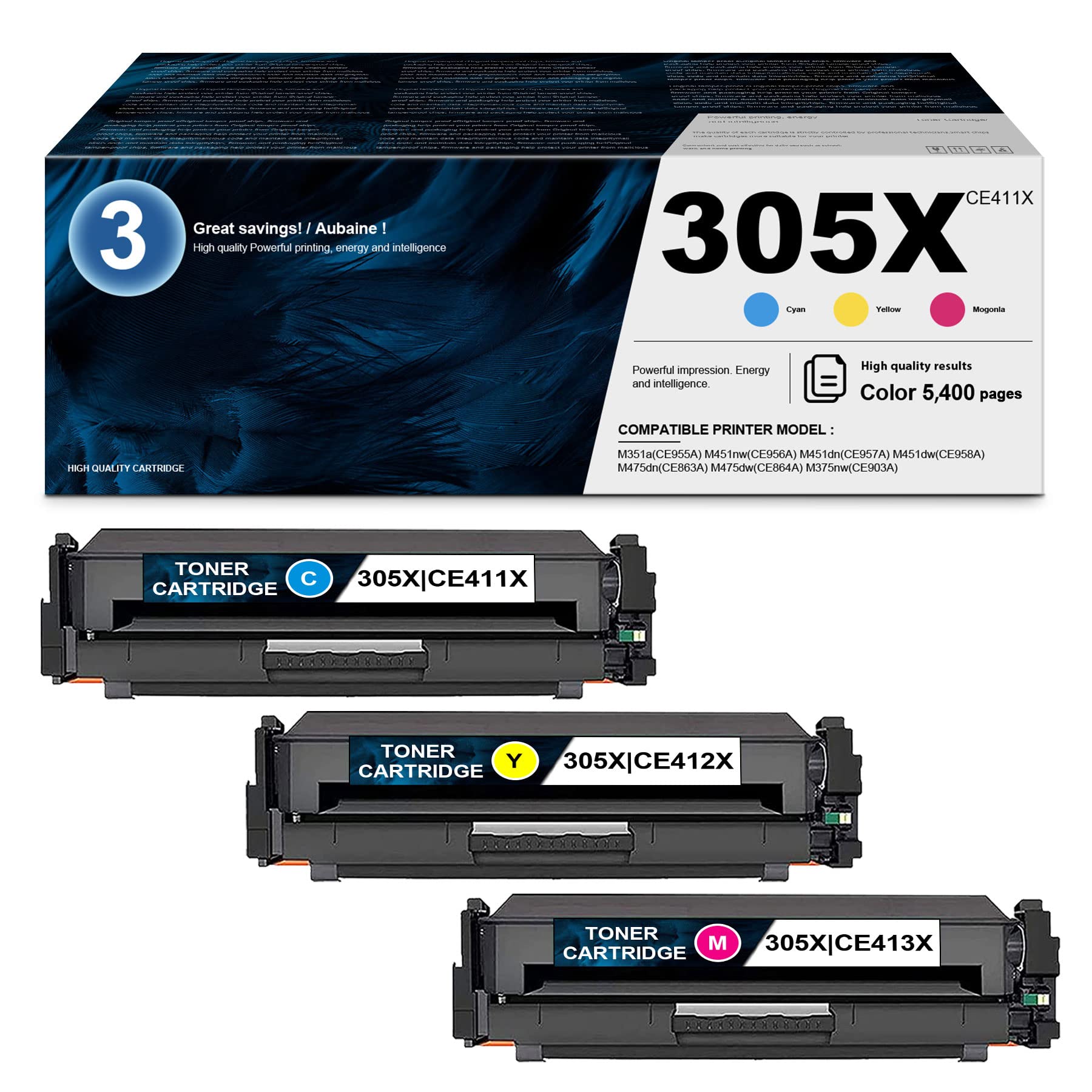 High Yield Toner Cartridge Replacement for HP M351a M451nw M451dn M451dw MFP M475dn M475dw M375nw Printer - Compatible with 305X, CF370XM, CE411X, CE412X, CE413X (3-Pack, 1C+1M+1Y) | Perfect for Office Printing, Home Office & Small Business Use