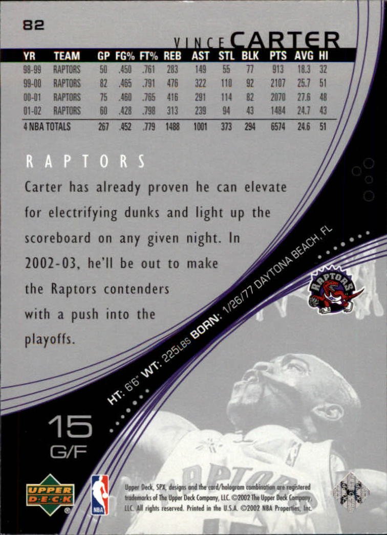 2002-03 Upper Deck SPx #82 Vince Carter Basketball Card - Rare Collectible for NBA Fans & Sports Memorabilia Enthusiasts - Perfect for Display, Trading, and Investment