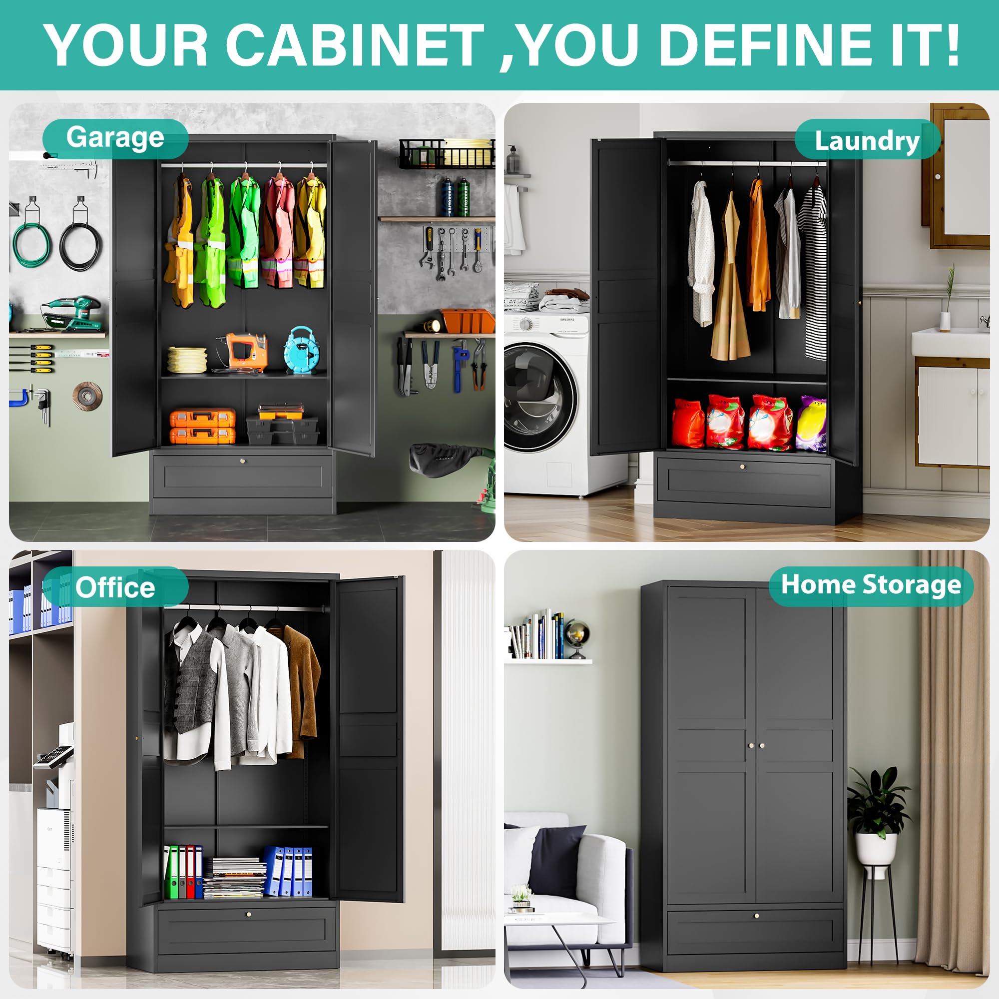 Black Metal Wardrobe Cabinet with Doors & Drawer - Adjustable Shelves & Hanging Rod for Bedroom Closet Storage | Home Organization & Clothing Armoire for Small Spaces