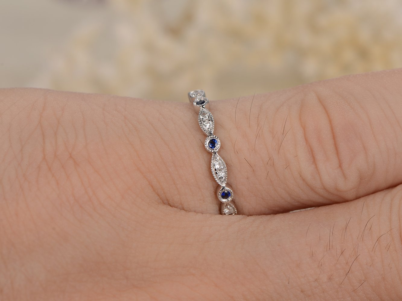 14K White Gold Sapphire Diamond Wedding Band - Half Eternity Bezel Set Ring with Milgrain Detailing | Art Deco Inspired Bridal Jewelry for Engagement, Anniversary & Special Occasions