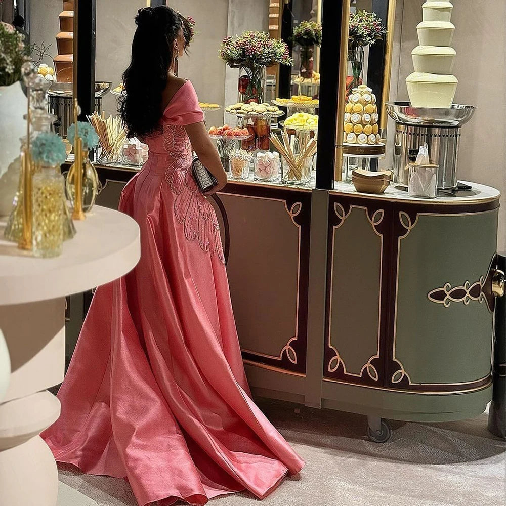 Luxury Dubai Arabic Pink A-Line Satin Beaded Saudi Evening Dress Gown for Women - Formal Occasion Wedding Party LA72195A | Elegant Islamic Abaya for Special Events & Celebrations