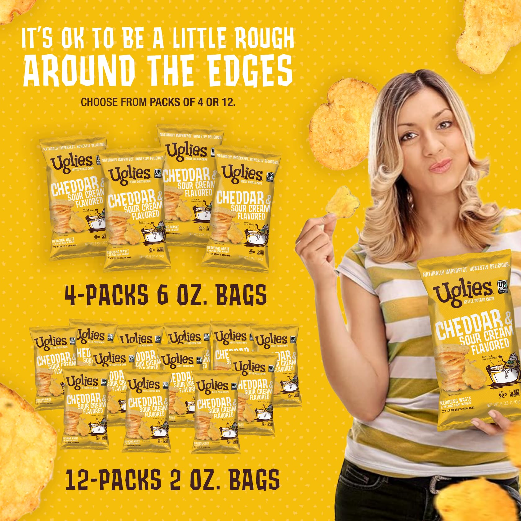 UGLIES Cheddar & Sour Cream Kettle-Cooked Potato Chips - Gluten Free, Kosher, Non-GMO Snack Packs (2oz, 24 Count) - Perfect for School Lunches, Office Snacks & On-the-Go Munching