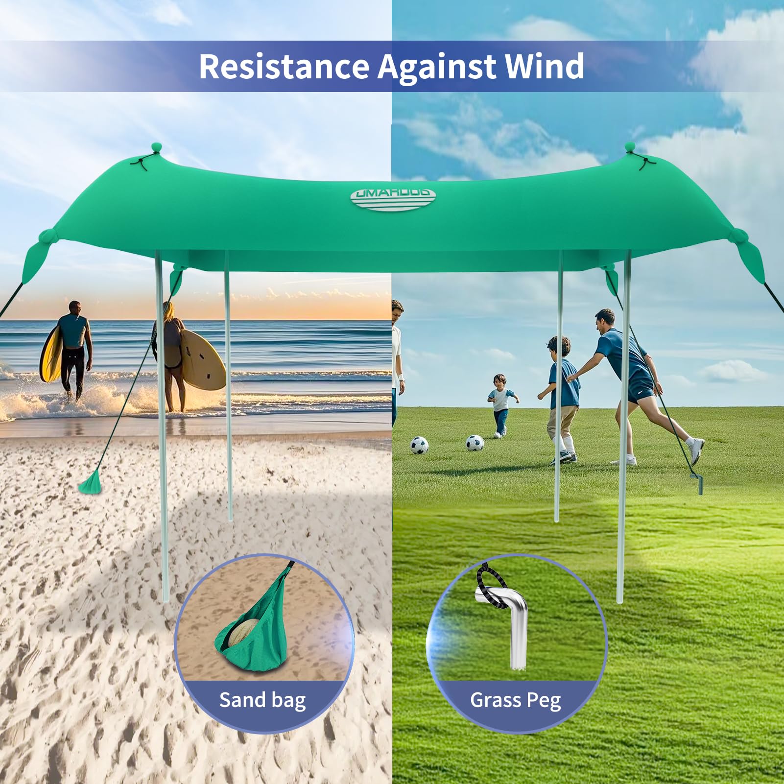 UMARDOO 10x10 FT Portable Beach Tent - Easy Setup Sun Shelter with Carry Bag, Compact & Lightweight for Family Outdoor Travel, Picnics, Camping & Beach Days (Green, 4 Poles)