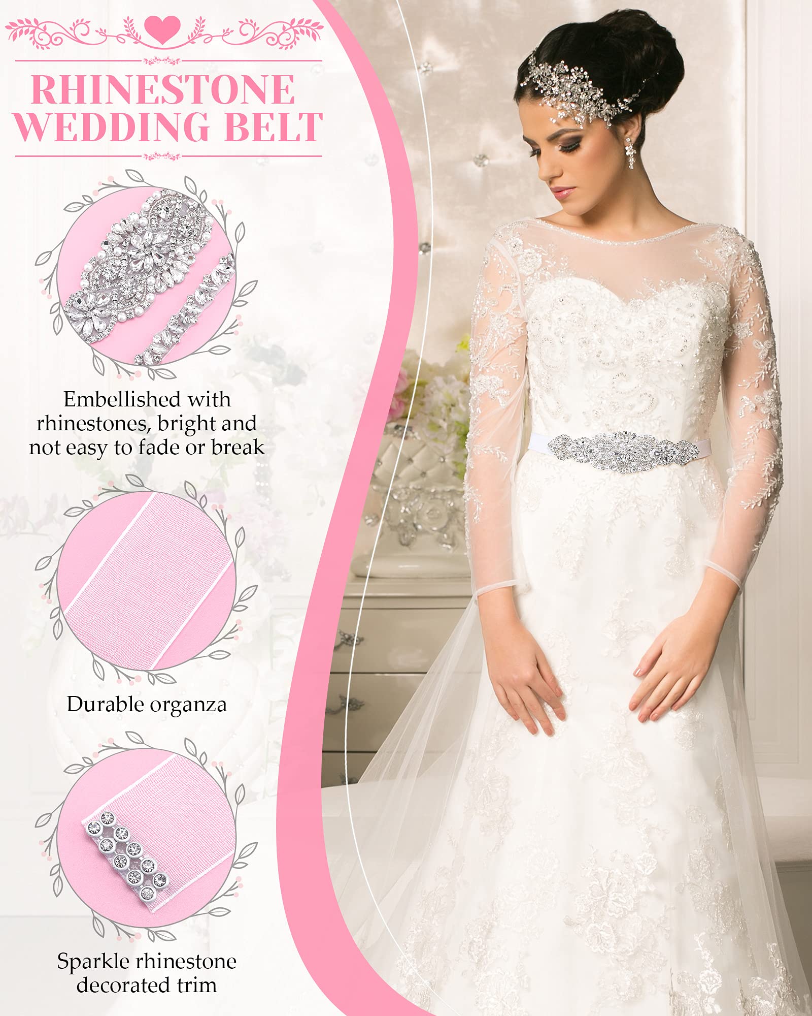 SATINIOR 2-Pack Rhinestone Wedding Sash Belt - Crystal Diamond Bridal Waistband for Bride & Bridesmaids - Elegant White Wedding Accessory for Ceremony, Reception & Photoshoots