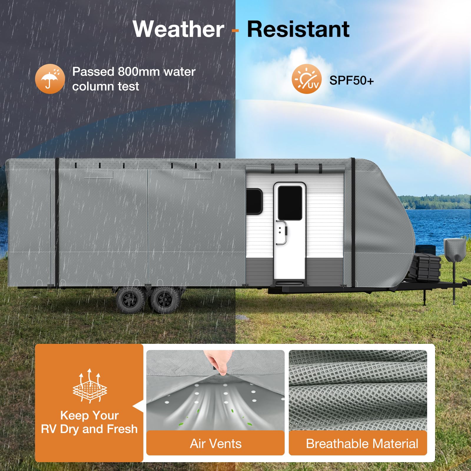 Premium RV Cover for 20'-22' Travel Trailers - Heavy Duty Waterproof, Windproof & UV Protection Camper Cover with Jack & Tire Covers - Winter Snow Protection for Motorhomes, 5th Wheels & Campers (Great for Outdoor Storage & Seasonal Protection)