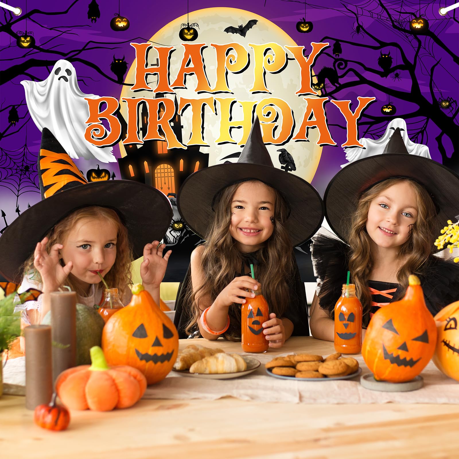Avezano Halloween Birthday Banner - Purple Horror Moon Night Decor for Kids Parties