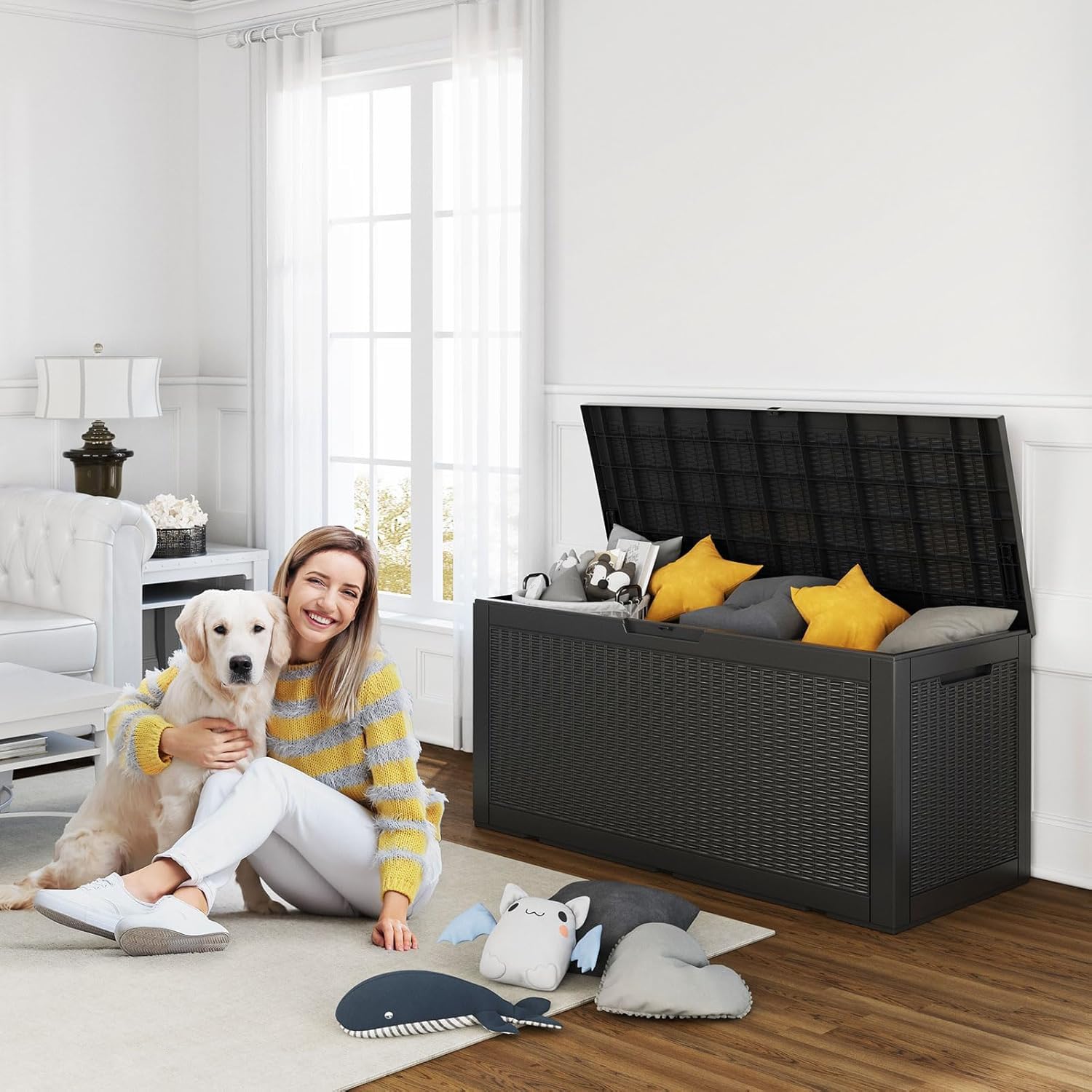 100 Gallon Resin Large Deck Box with Lock - Waterproof Outdoor Storage Container for Patio Furniture, Garden Tools & Equipment | Durable Black Deck Storage Box for Backyard, Poolside & Garage Organization