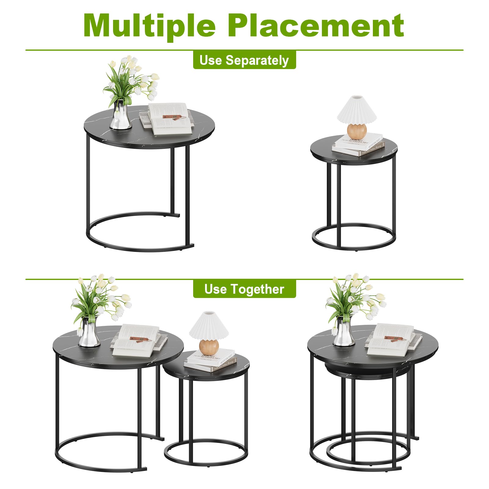 RRG Coffee Table Nesting Set of 2 - Black Metal Frame with Round Black Marble Top, Industrial Side End Tables for Living Room, Bedroom, Apartment, Balcony & Yard - Perfect for Coffee, Books & Decor