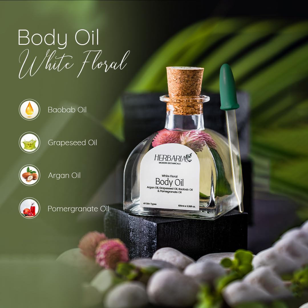 Herbaria White Floral Body Oil - 100ml Jar with 200ml Refill Pack | 100% Vegan Luxury Moisturizer with Grapeseed, Pomegranate, Avocado, Argan & Baobab Oils | All-Season Hydration for Dry Skin, Massage & Aromatherapy | Perfect for Spa Days & Self-Care Rituals