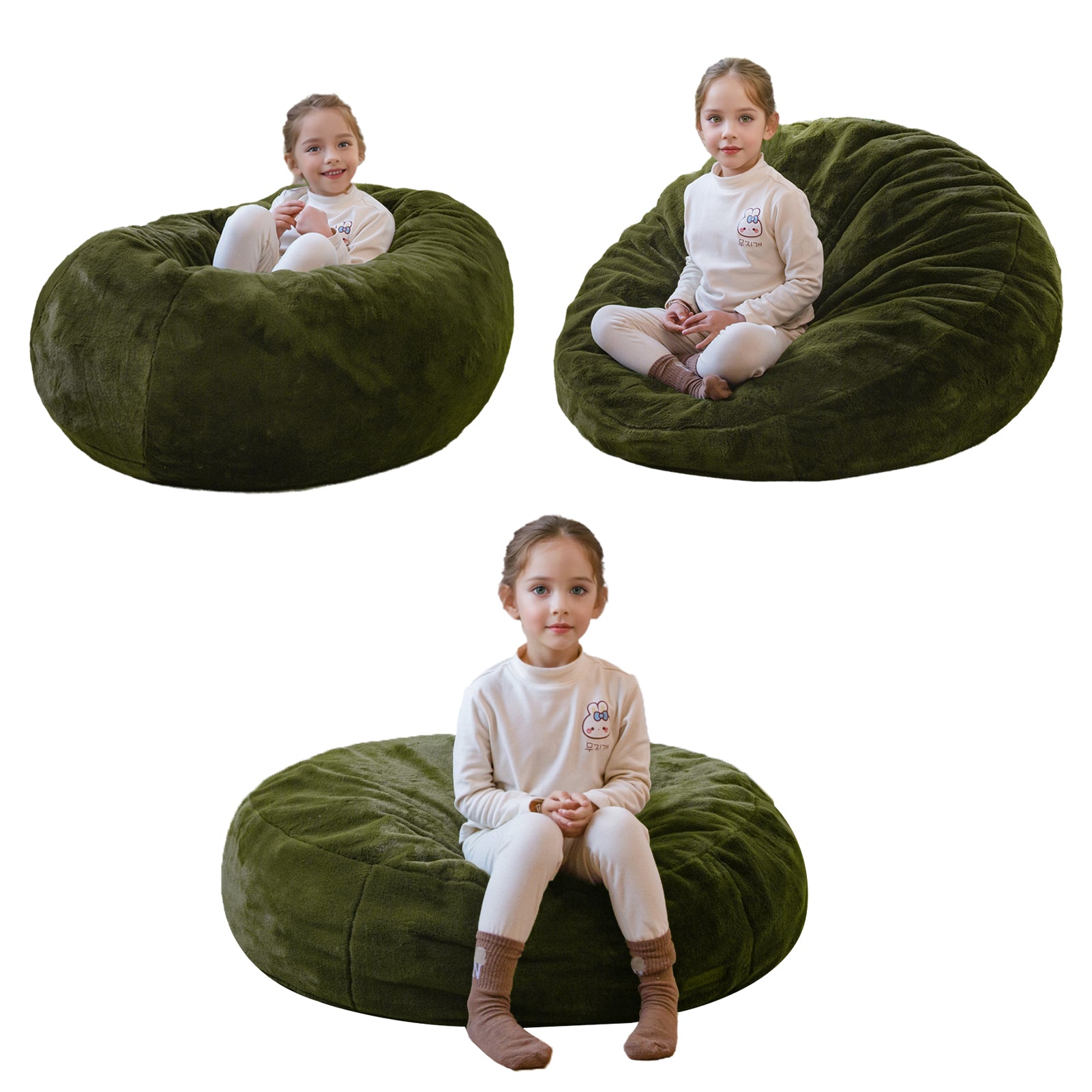 MAXYOYO 3-in-1 Kids Bean Bag Chair Bed - Convertible Faux Fur Round Floor Sofa for Children, Gaming & Reading - Soft Green - Perfect for Playroom, Bedroom & Dorm Decor