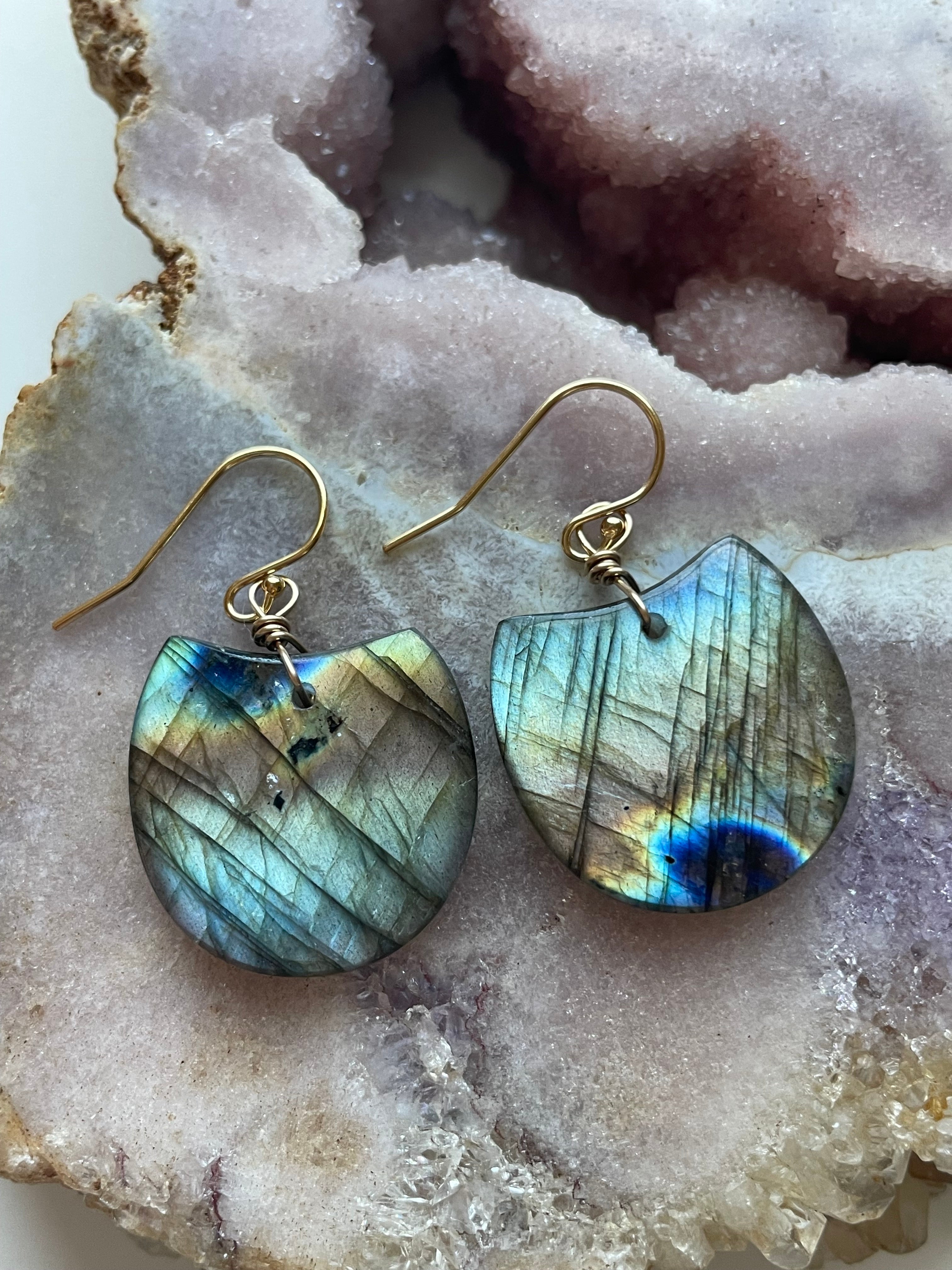 Gold Labradorite Dangle Drop Crystal Earrings for Women - Elegant Bohemian Jewelry for Party, Wedding & Everyday Wear