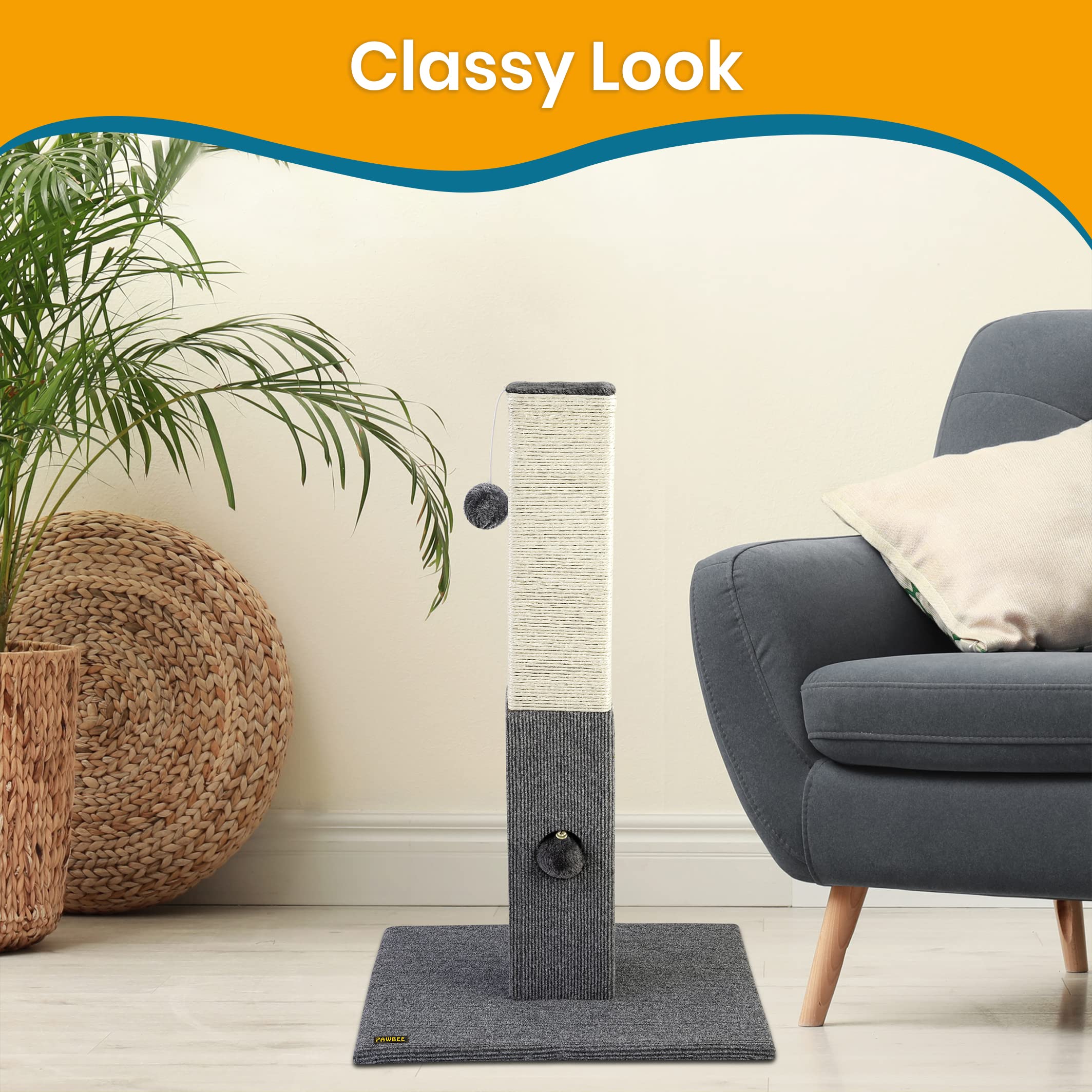 PAWBEE 32 Inch Tall Cat Scratching Post with Sisal Rope - Durable Indoor Cat Tree for Small & Large Cats - Cat Tower with Jingle Bell Toy - Perfect for Living Room, Bedroom & Home Office Play
