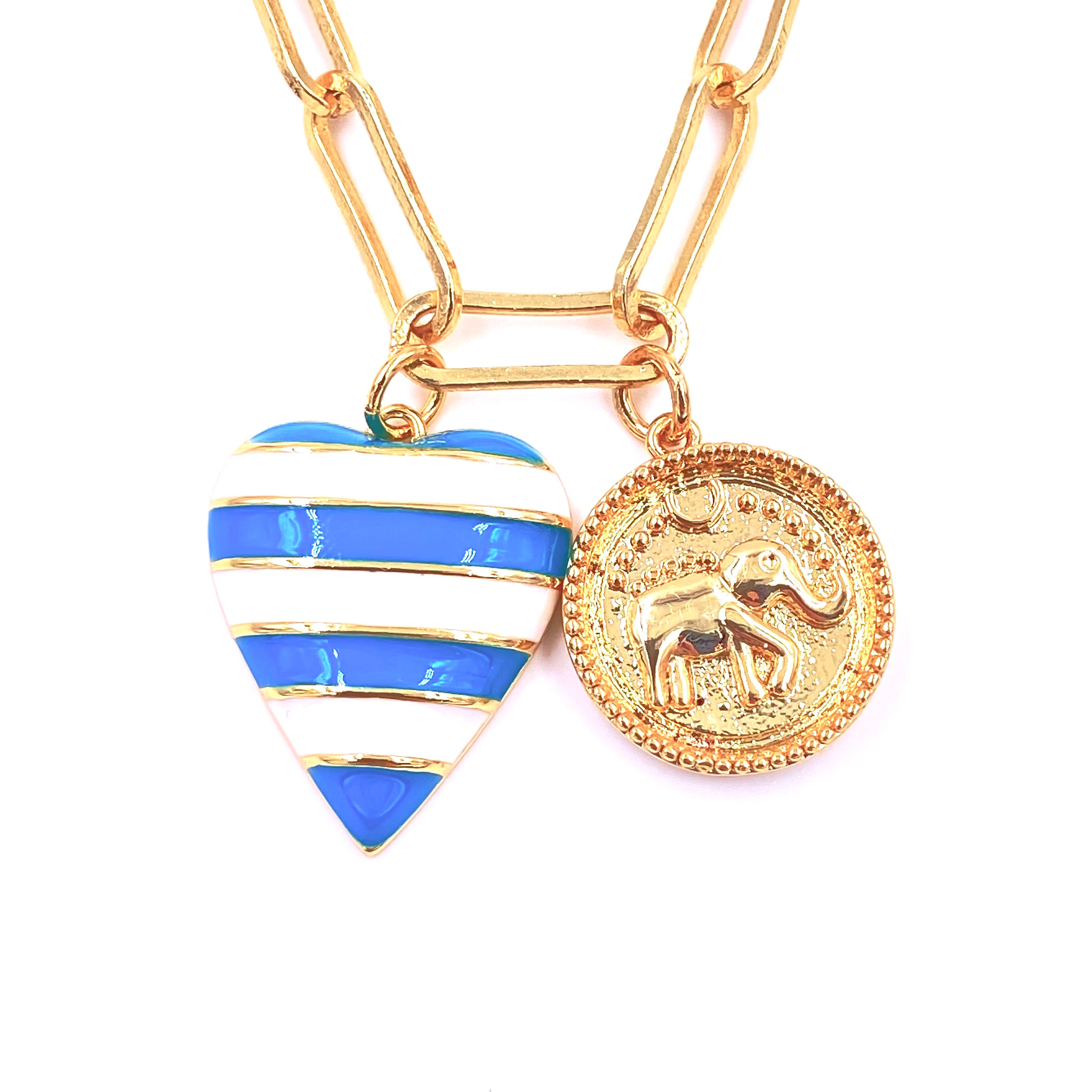 Ashley Gold Stainless Steel Heart & Elephant Charm Necklace - Blue & White Striped Enamel Coin Pendant Jewelry for Women - Perfect for Valentine's Day Gifts, Birthday Presents & Everyday Wear